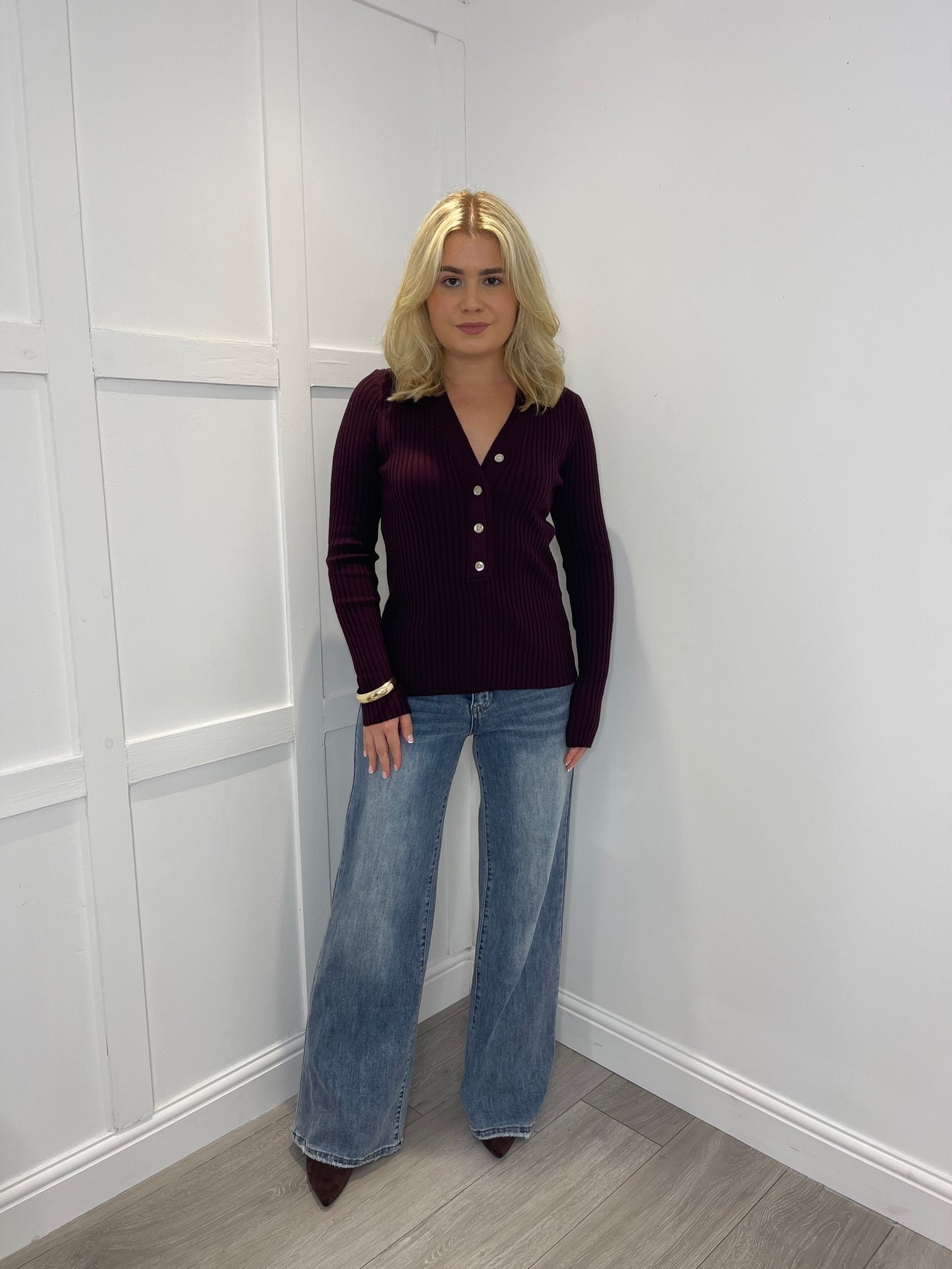 CONNIE Burgundy Premium Ribbed Button Front Jumper