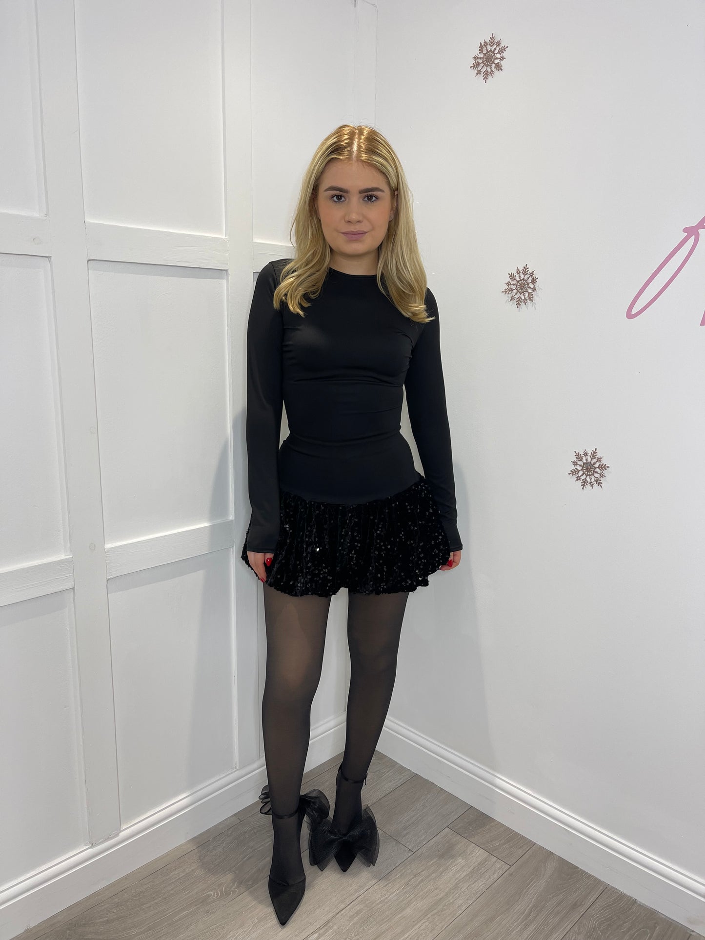 ERIN Black & Black Sequin Mini Puff Ball Dress