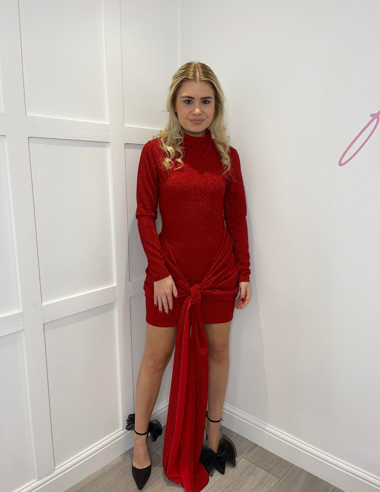 ARLA Red Sparkle Drape Bow Mini Dress