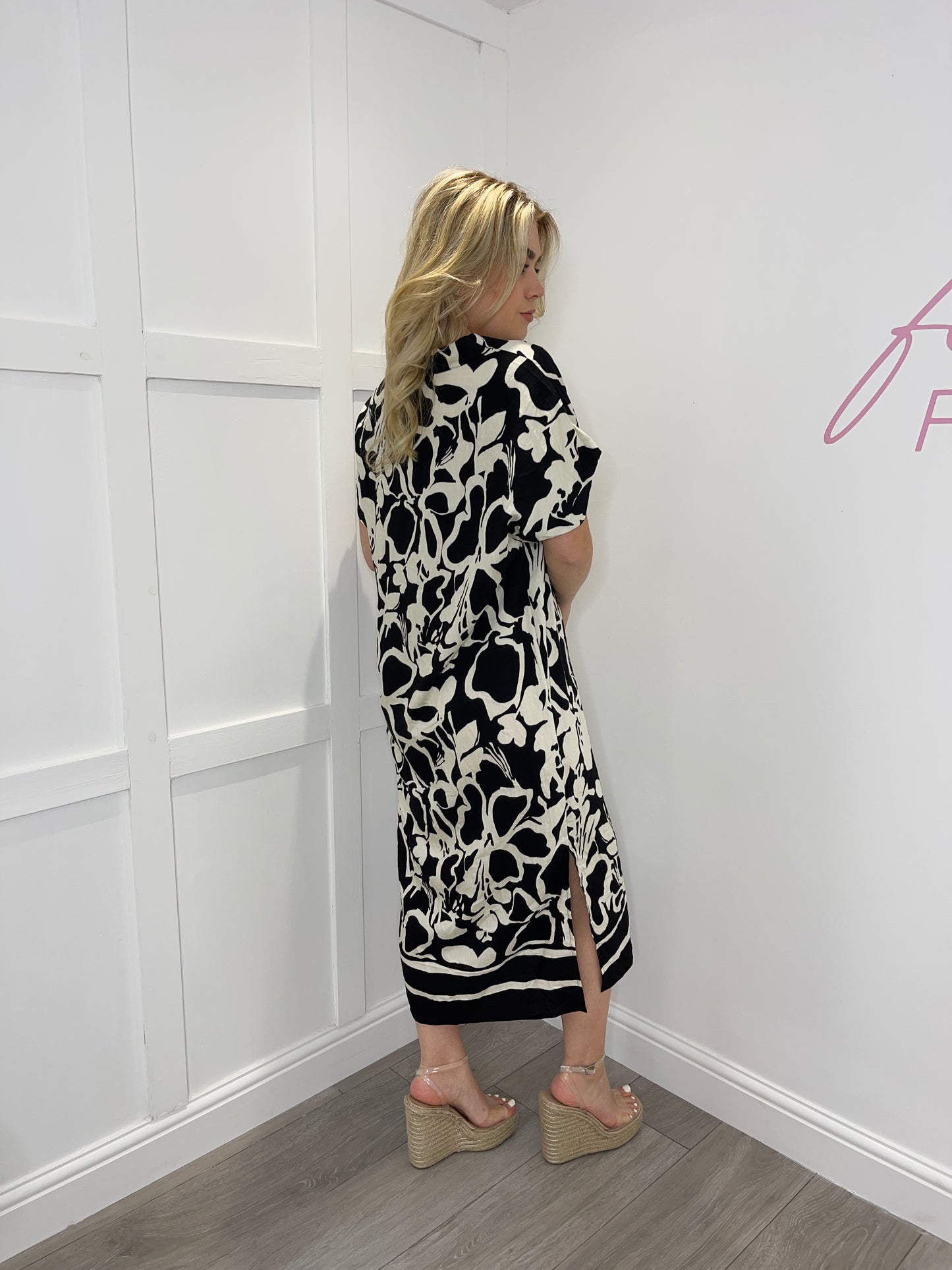YVONNE Black Floral Print Linen Dress