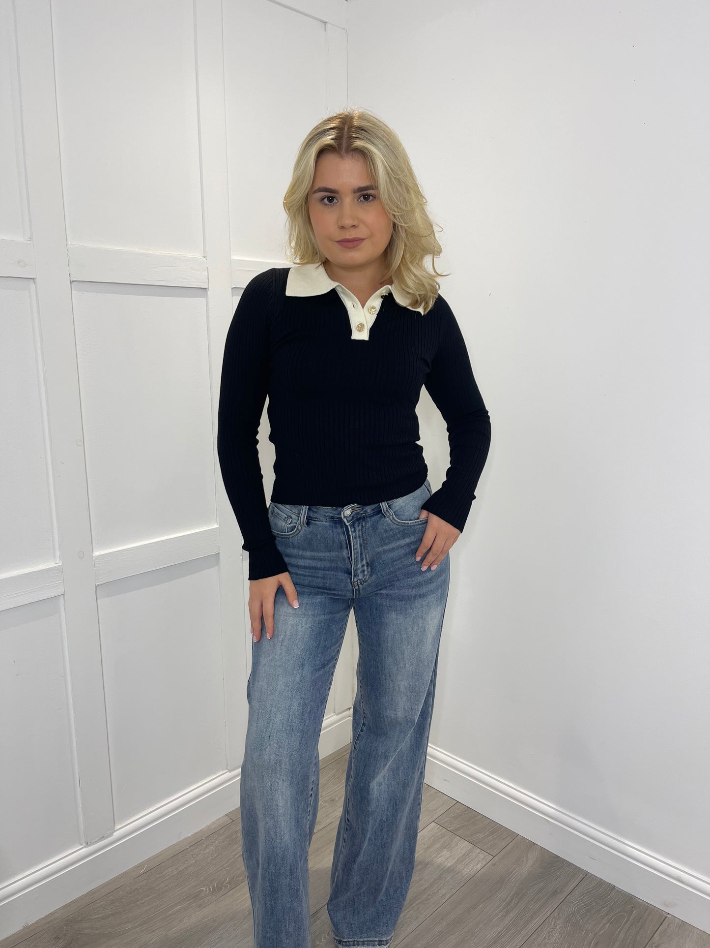 MACEY Premium Black Fine Knit Ribbed Collar Top