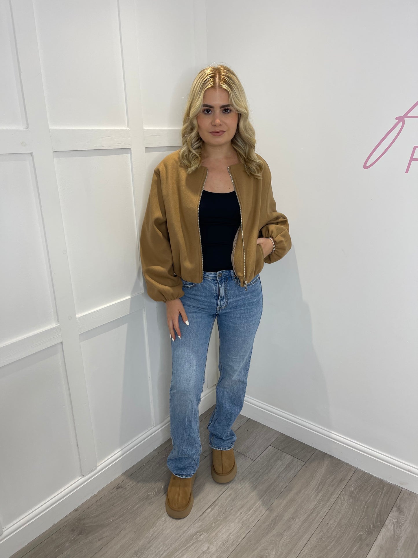 GINA Camel Cropped Bomber Jacket