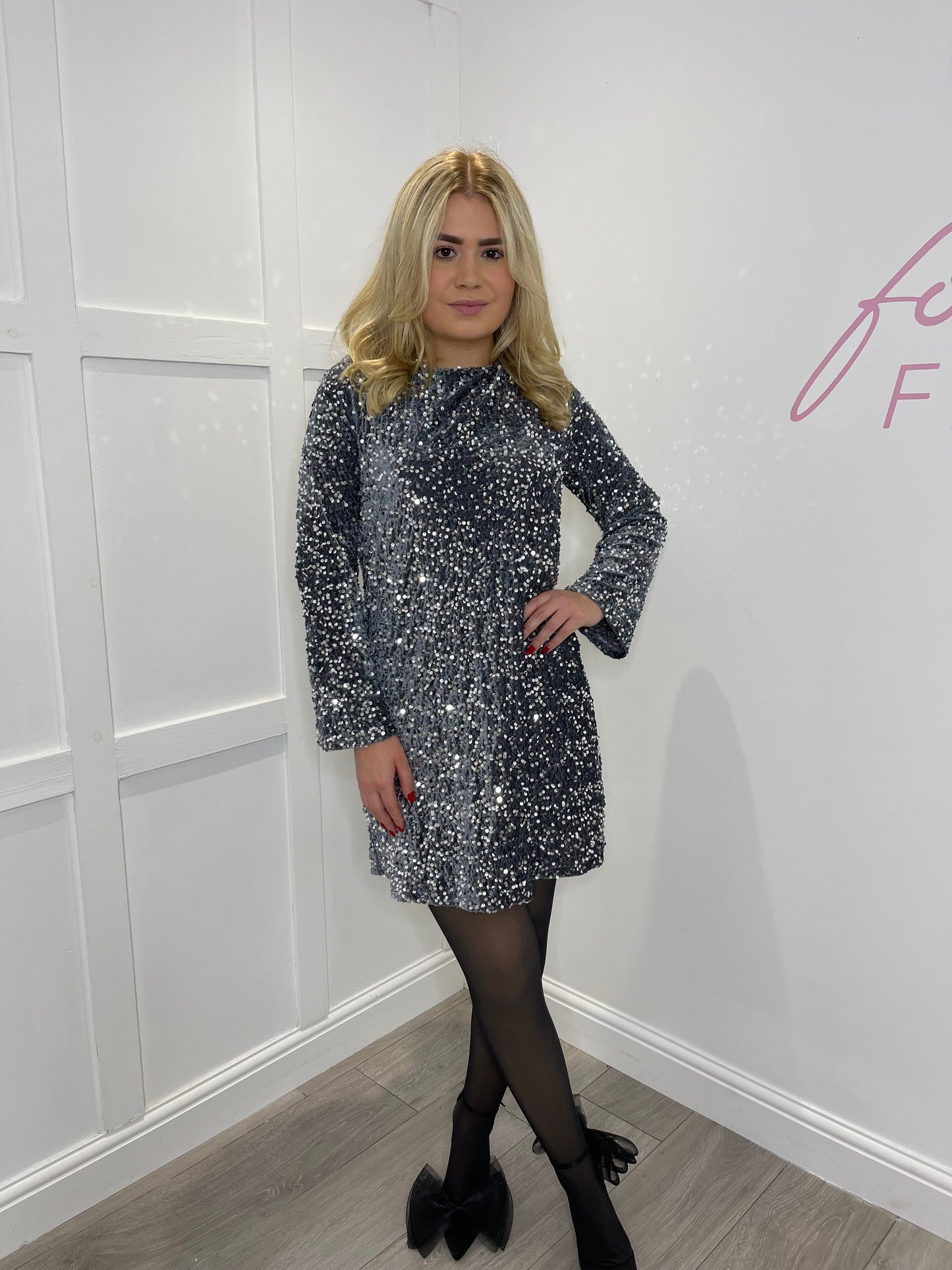 DANI Silver Sequin Mini Bow Back Dress
