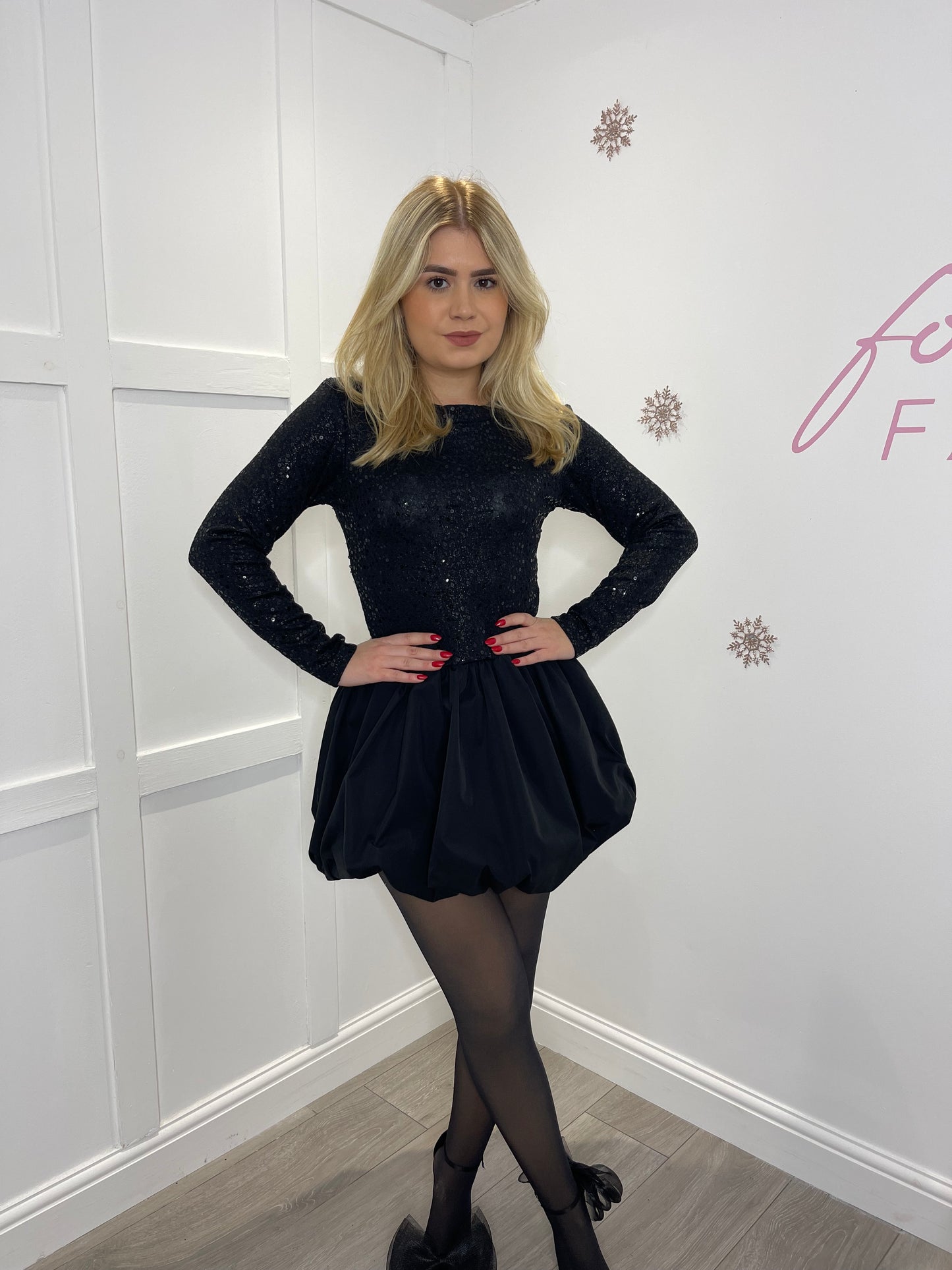 AMBER Black Sequin Puff Ball Mini Dress