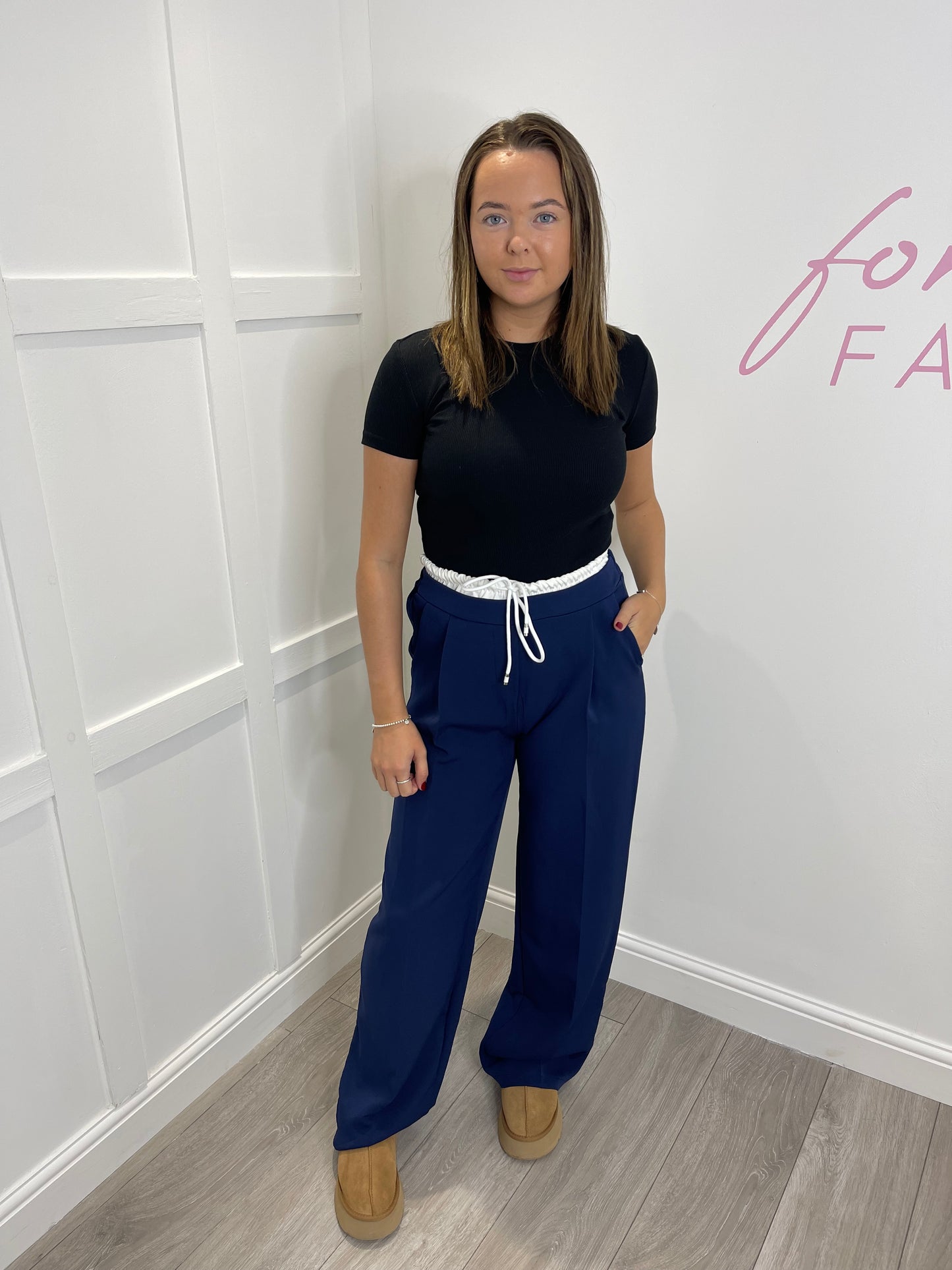 CECILIA Navy Tailored Fold Over Waistband Trousers
