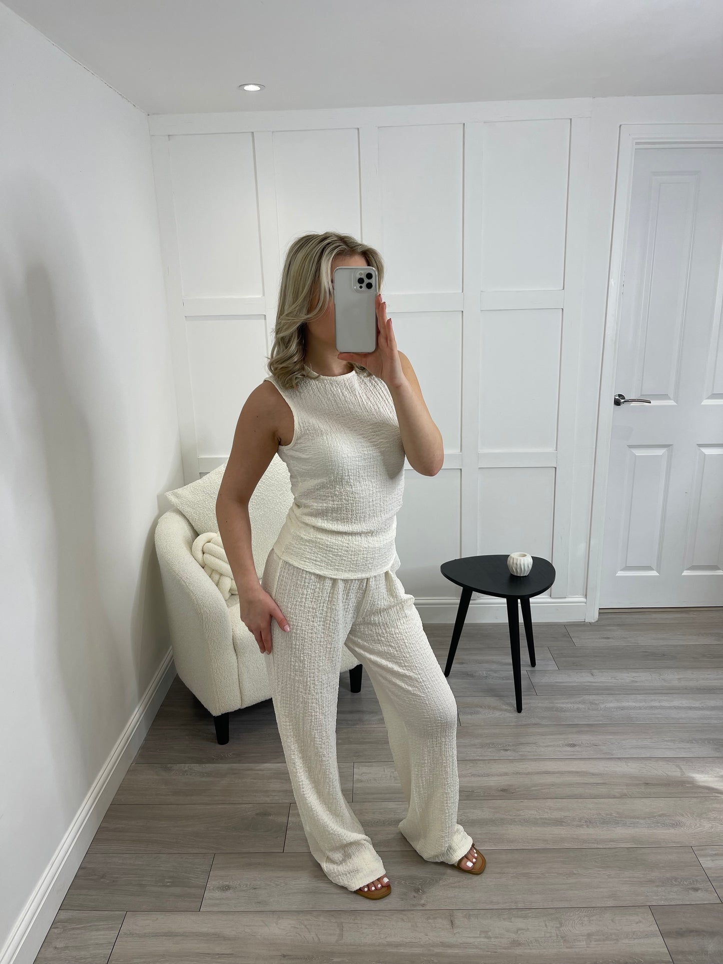 HARPER Textured Cream Top & Trouser Co Ord Set