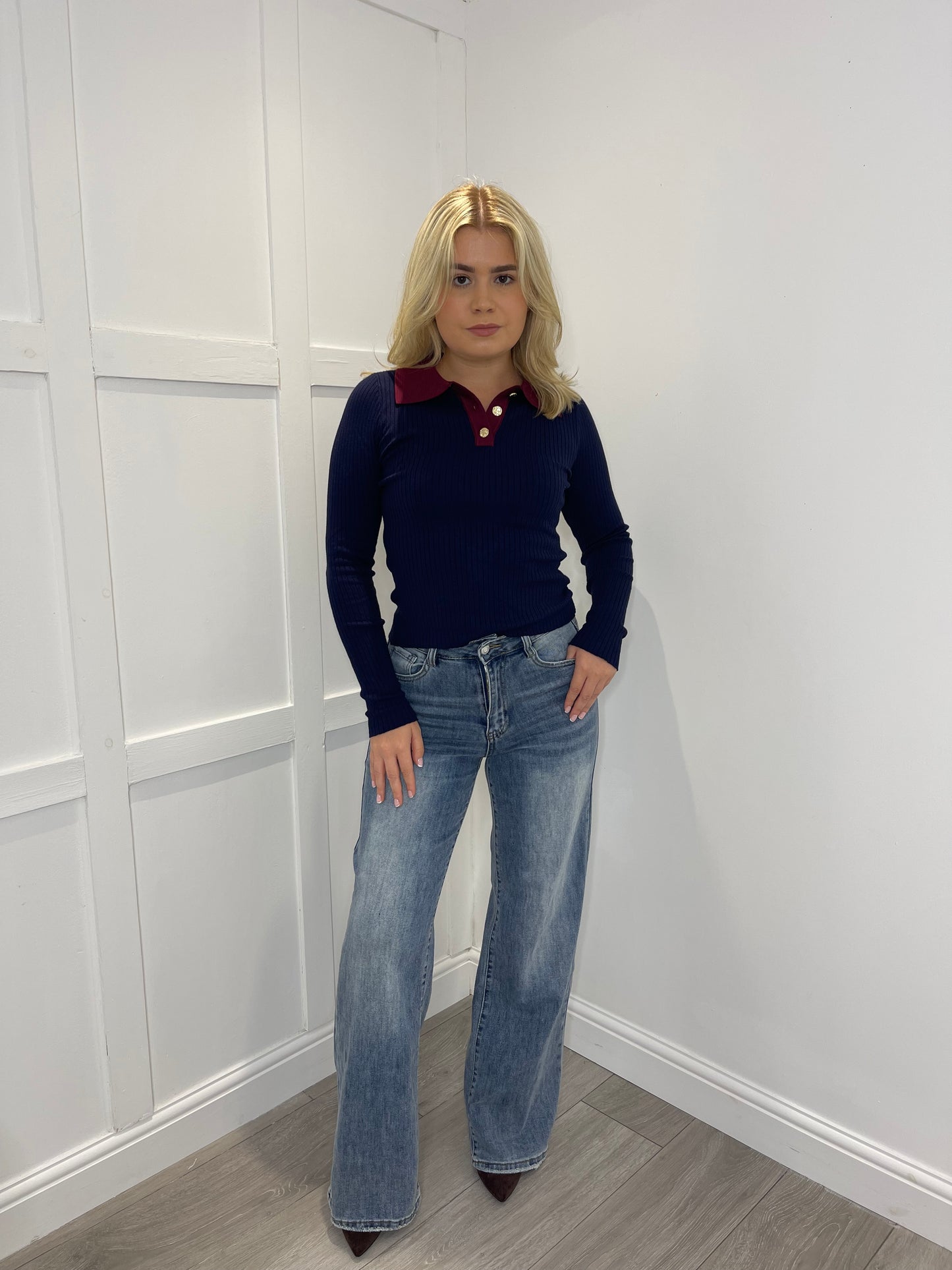 CARLA Premium Navy Fine Knit Ribbed Collar Top