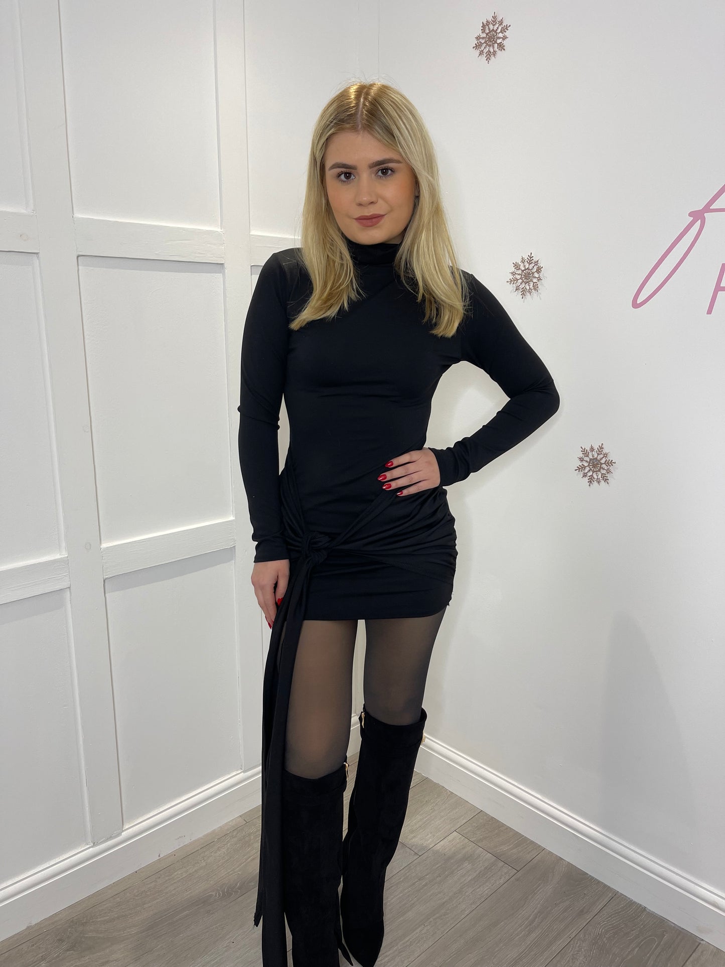SOFIE Black Drape Bow Mini Dress