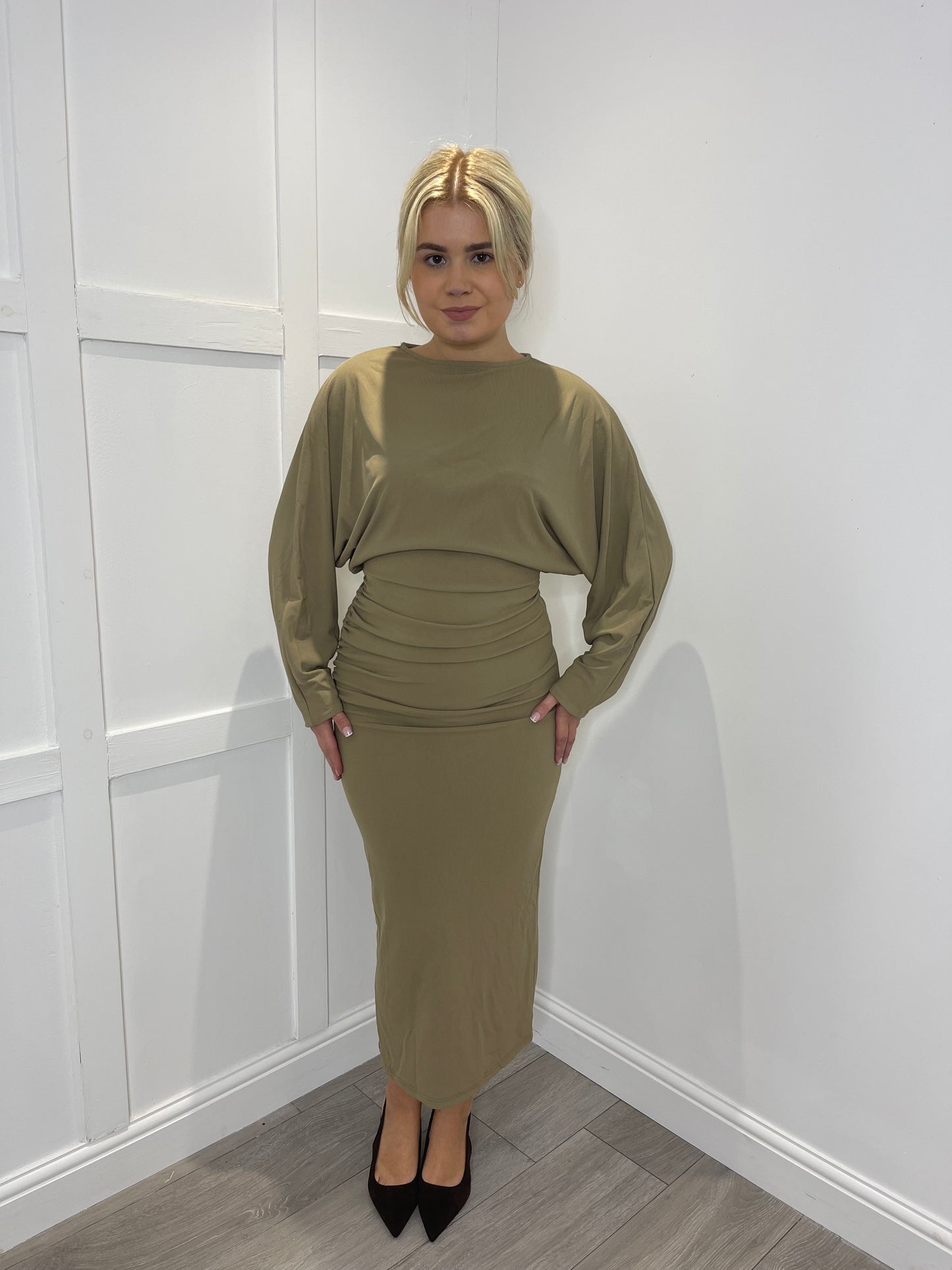 CARLI Taupe Long Sleeve Ruched Draped Midi Dress
