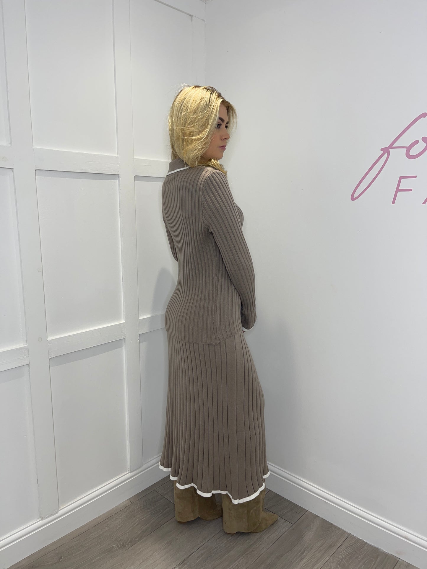 HARRIET Premium Knitted Taupe Jumper & Skirt Co Ord Set