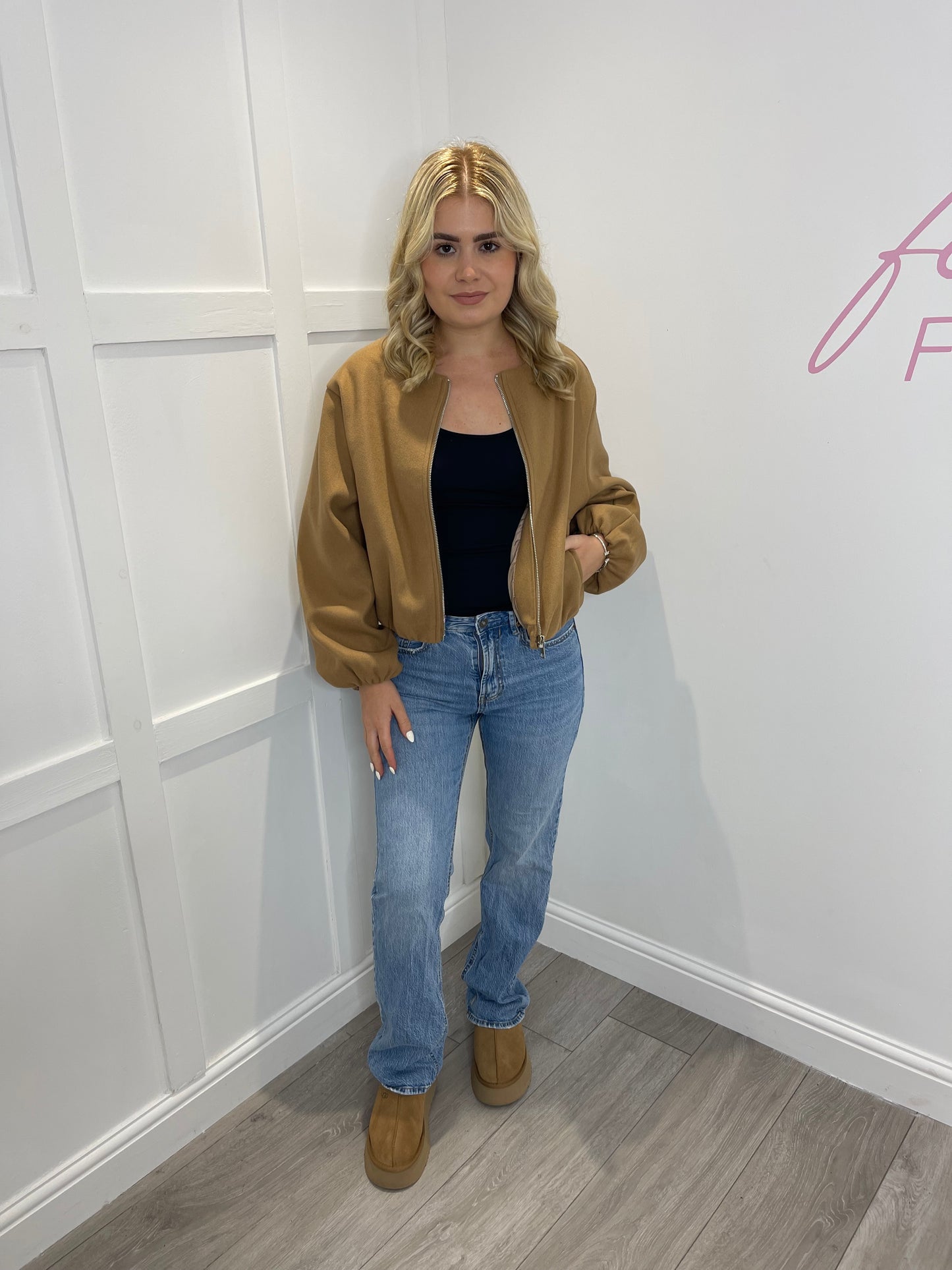 GINA Camel Cropped Bomber Jacket