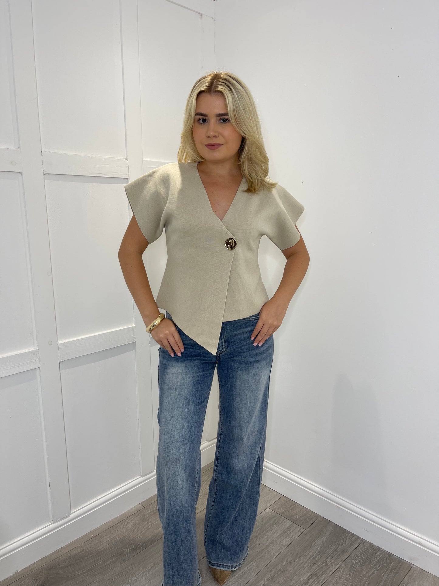 LORI Beige Fine Knit Asymmetric Cardigan