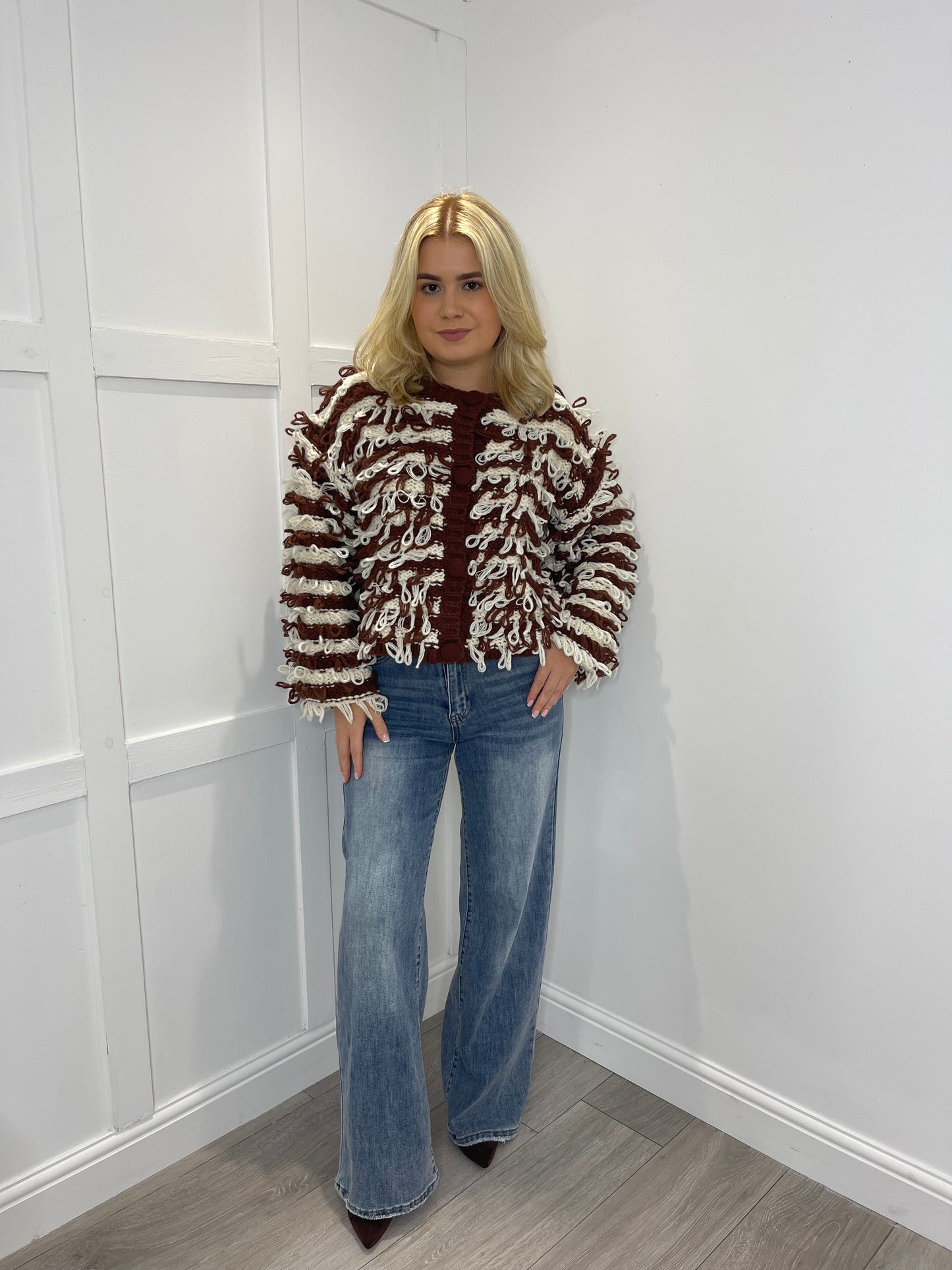 SUSIE Premium Contrast Brown & White Loop Cardigan