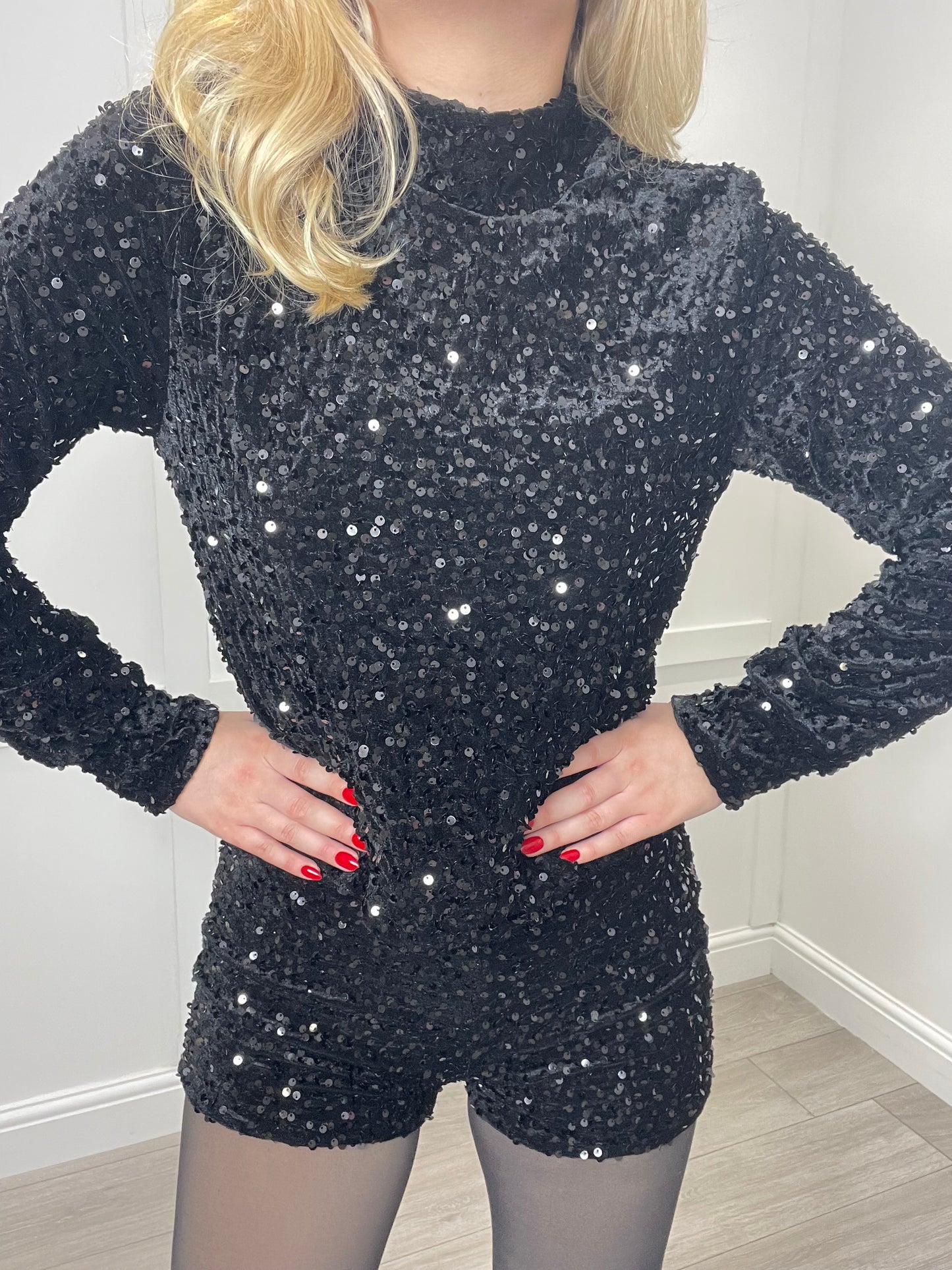 MIMI Black Sequin Long Sleeve Top & Short Co Ord Set