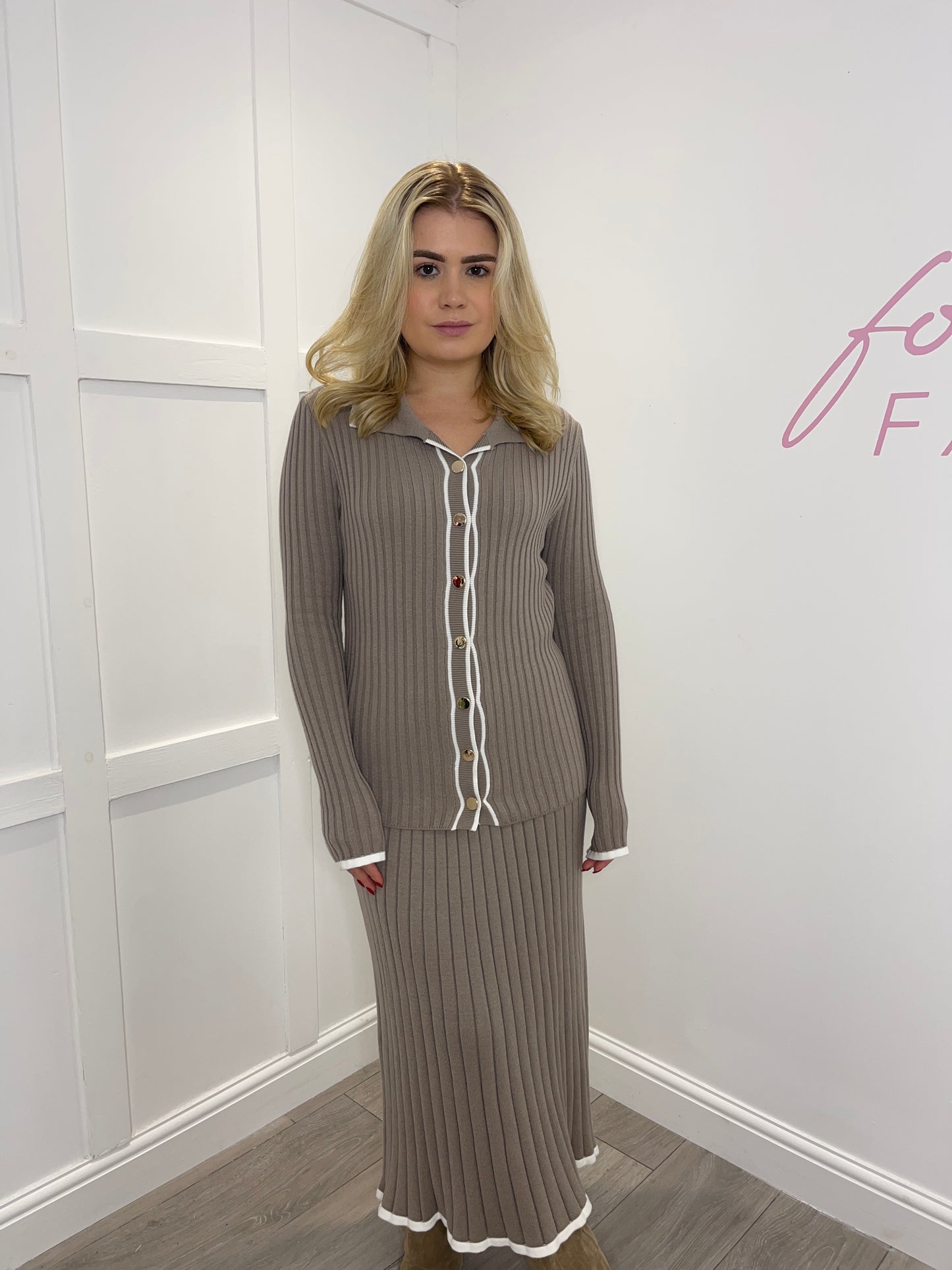 HARRIET Premium Knitted Taupe Jumper & Skirt Co Ord Set