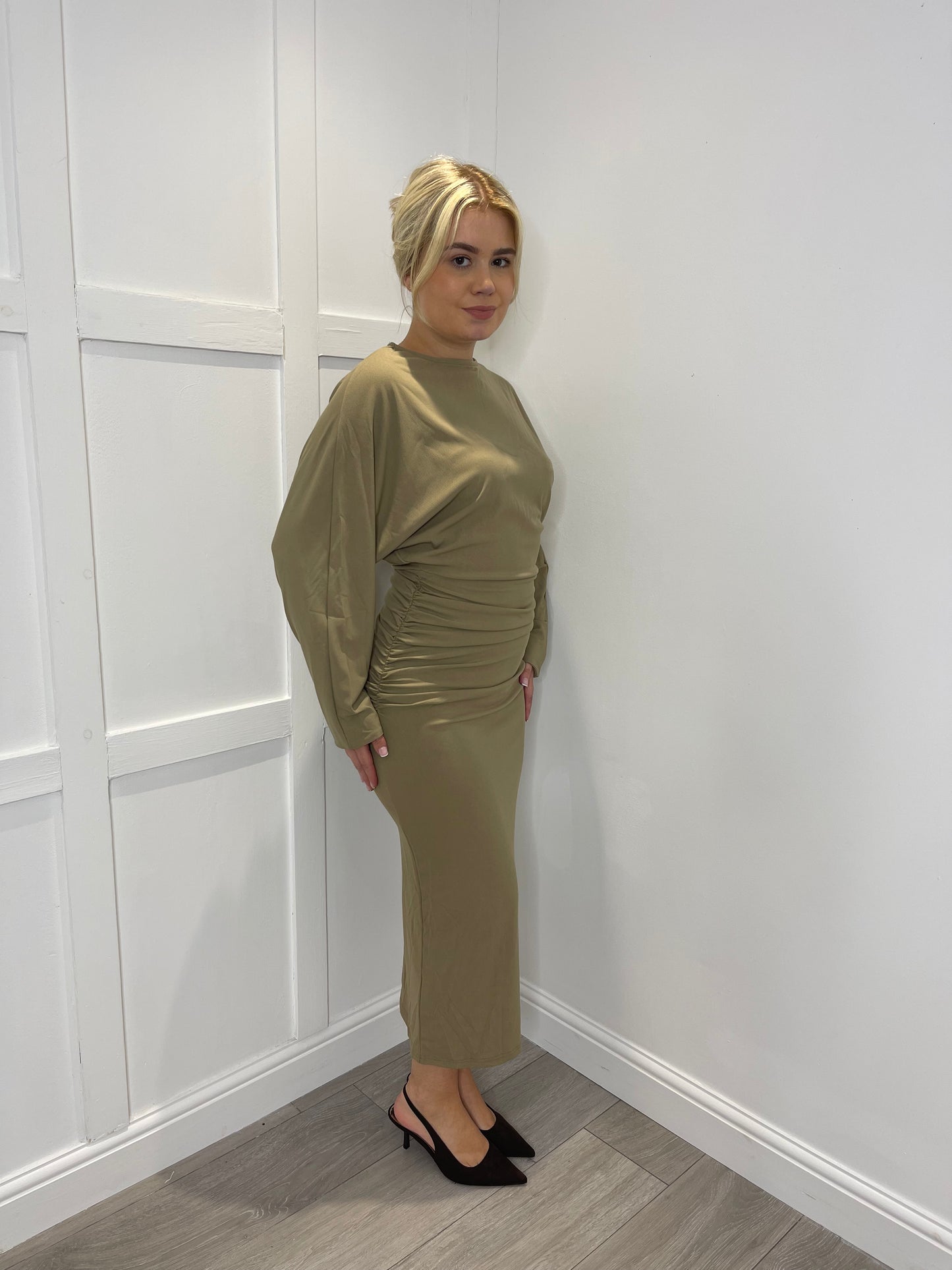 CARLI Taupe Long Sleeve Ruched Draped Midi Dress