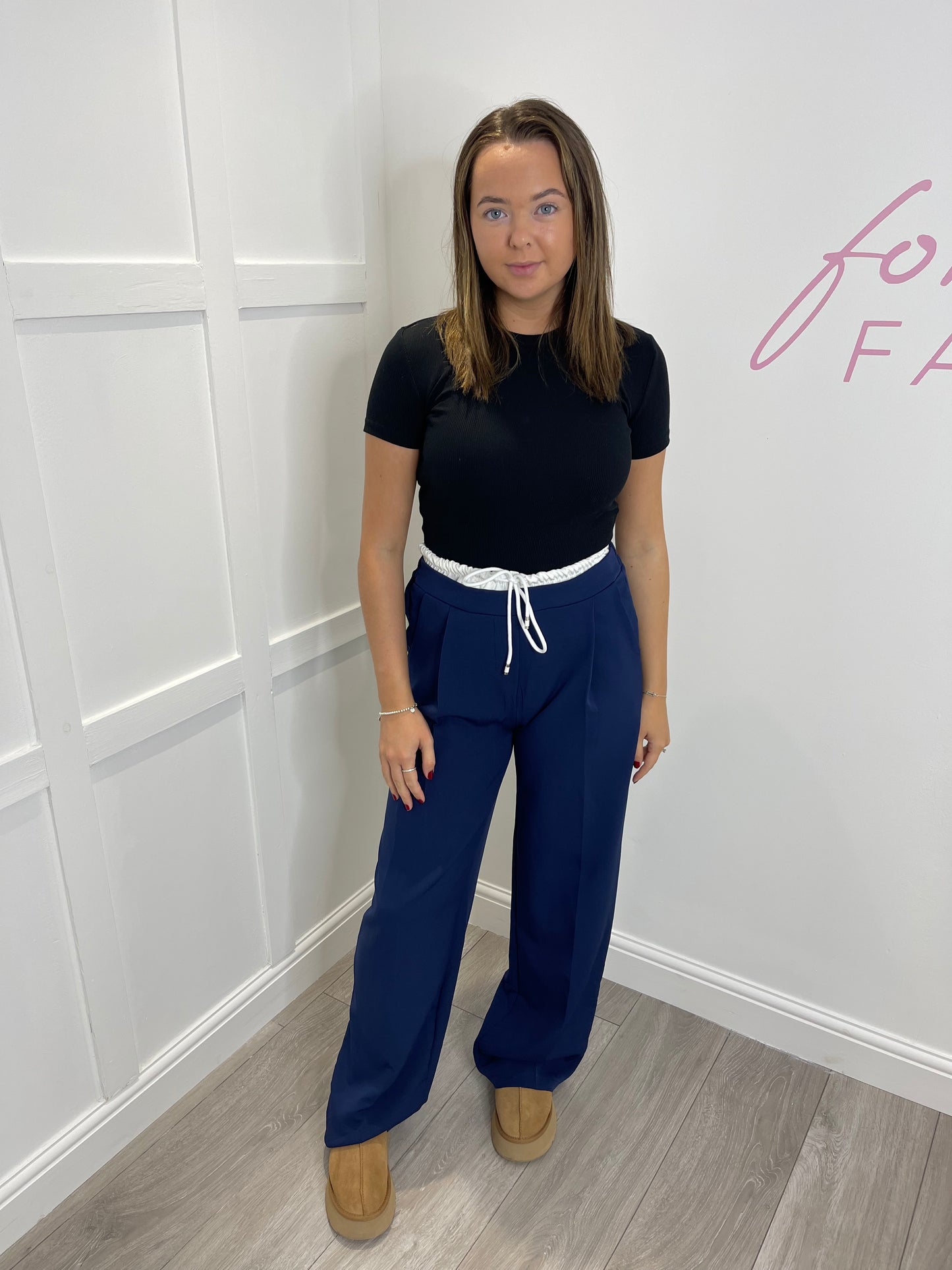 CECILIA Navy Tailored Fold Over Waistband Trousers