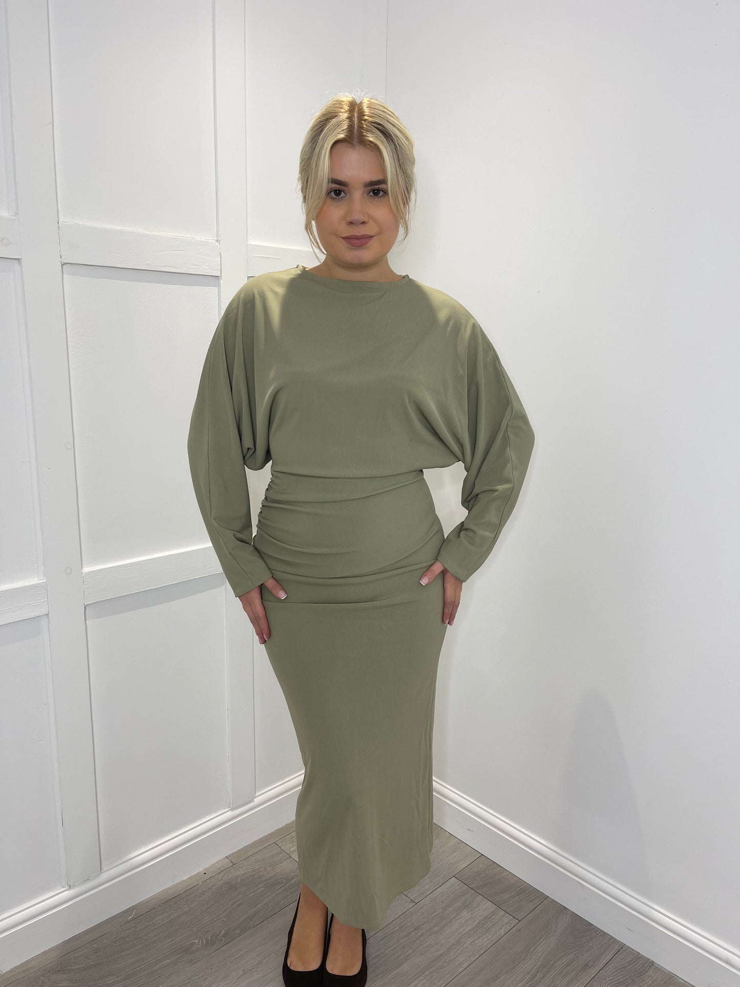 MISSY Khaki Long Sleeve Ruched Draped Midi Dress