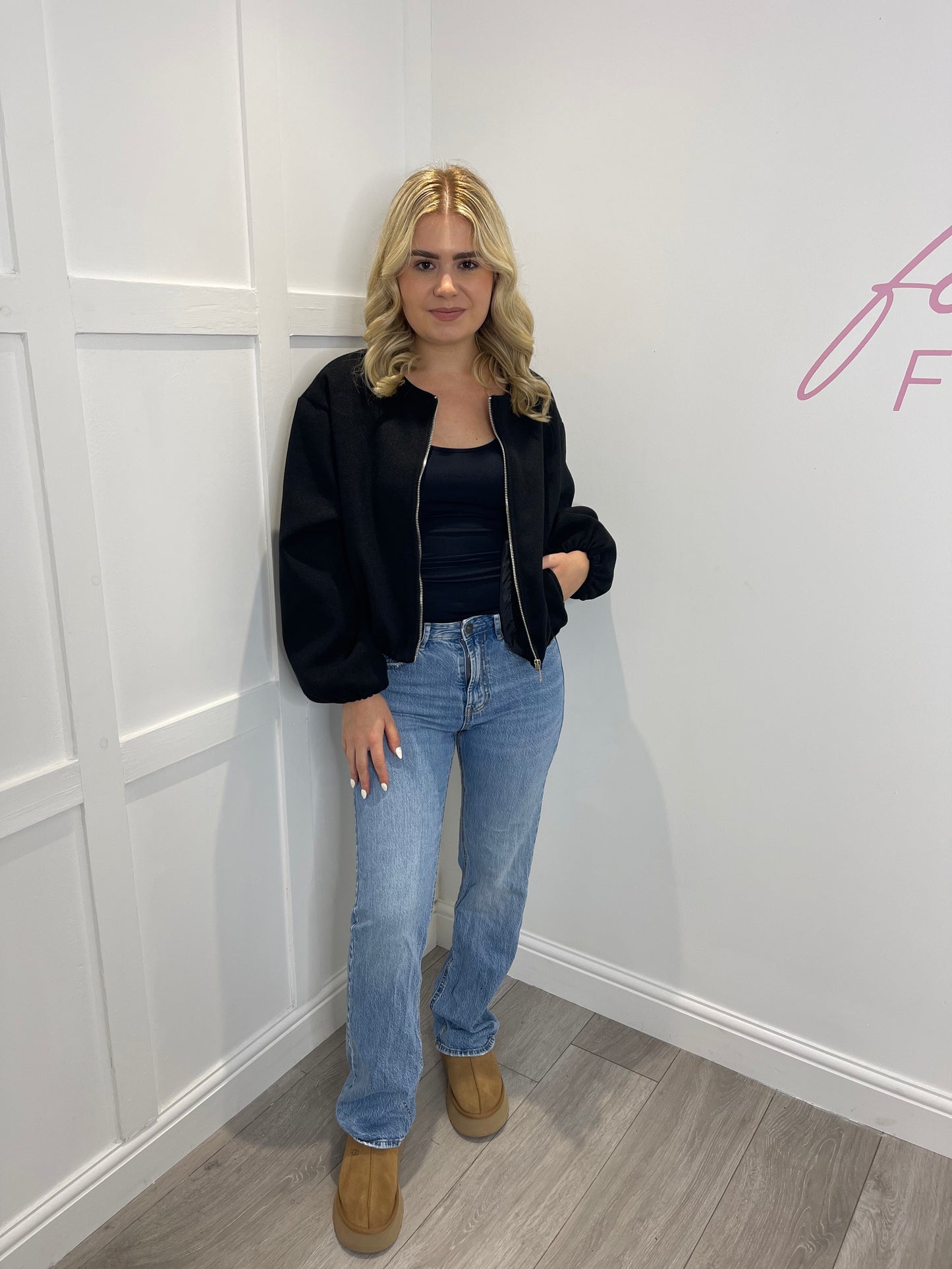 ALANA Black Cropped Bomber Jacket