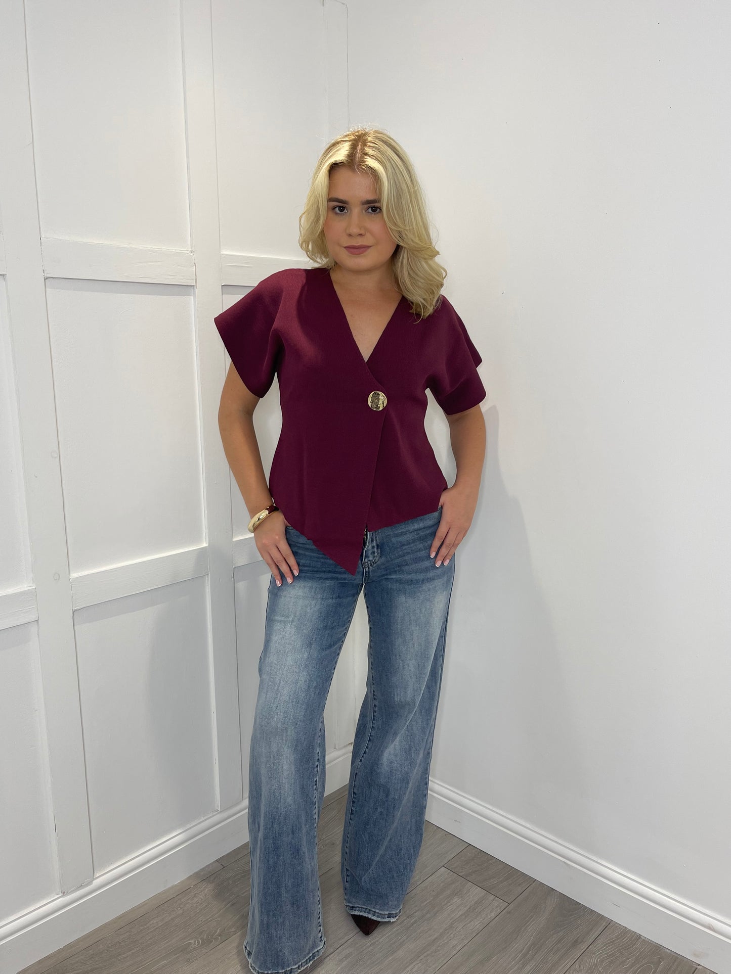 MAEVE Wine Fine Knit Asymmetric Cardigan