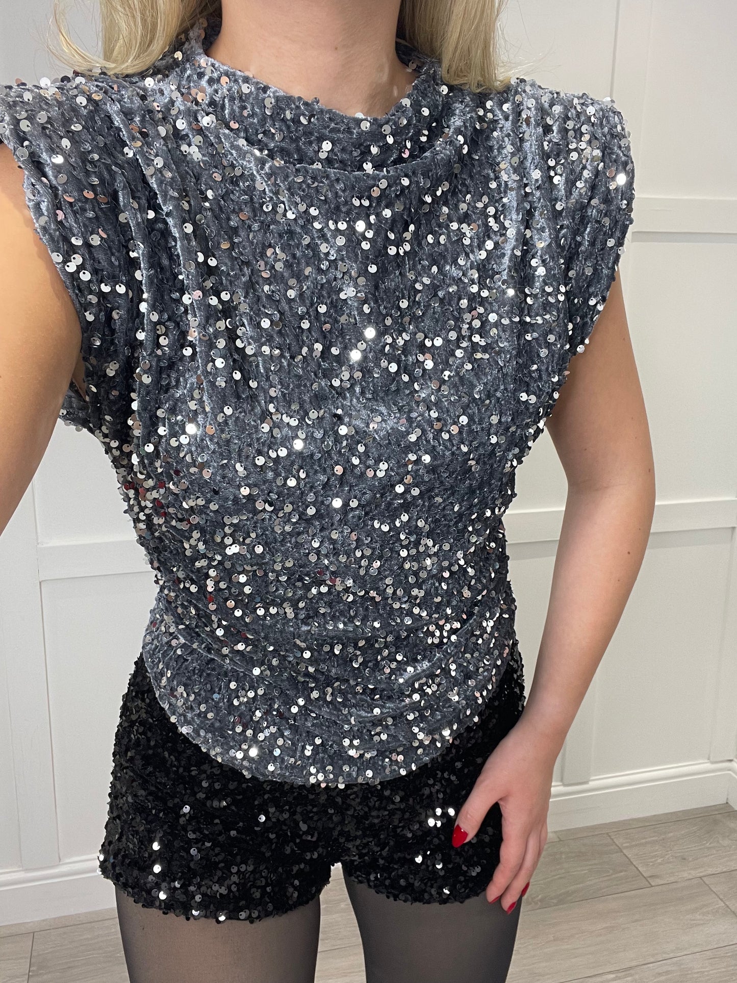 ROSALIE Silver Sequin Shoulder Padded Top