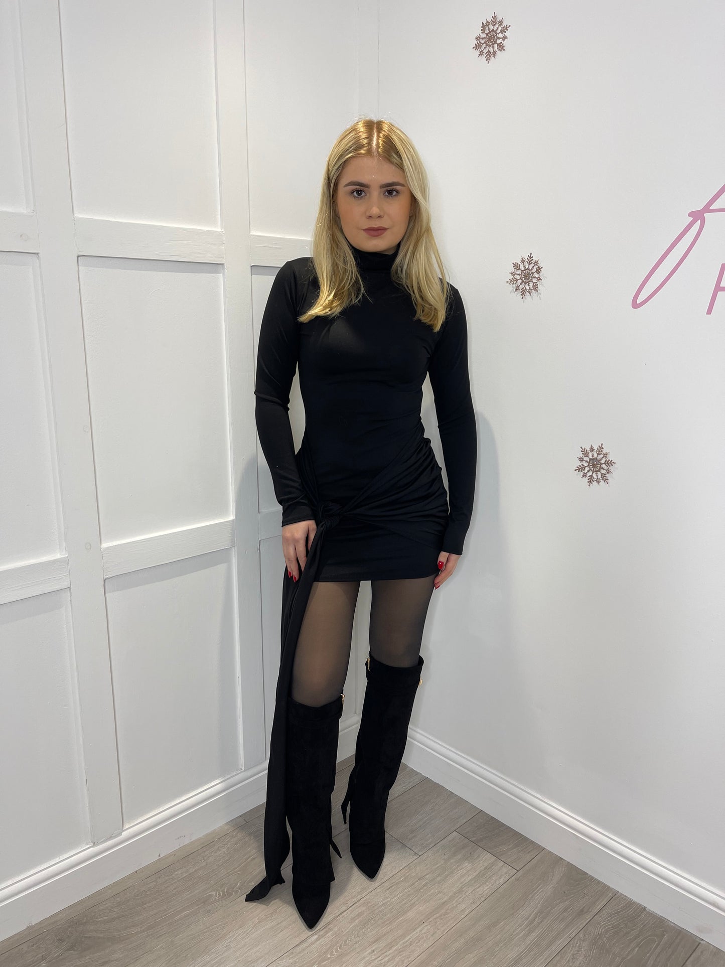 SOFIE Black Drape Bow Mini Dress