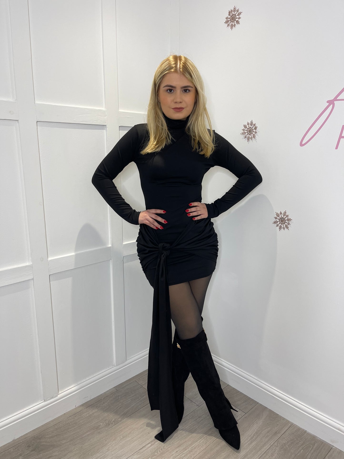 SOFIE Black Drape Bow Mini Dress