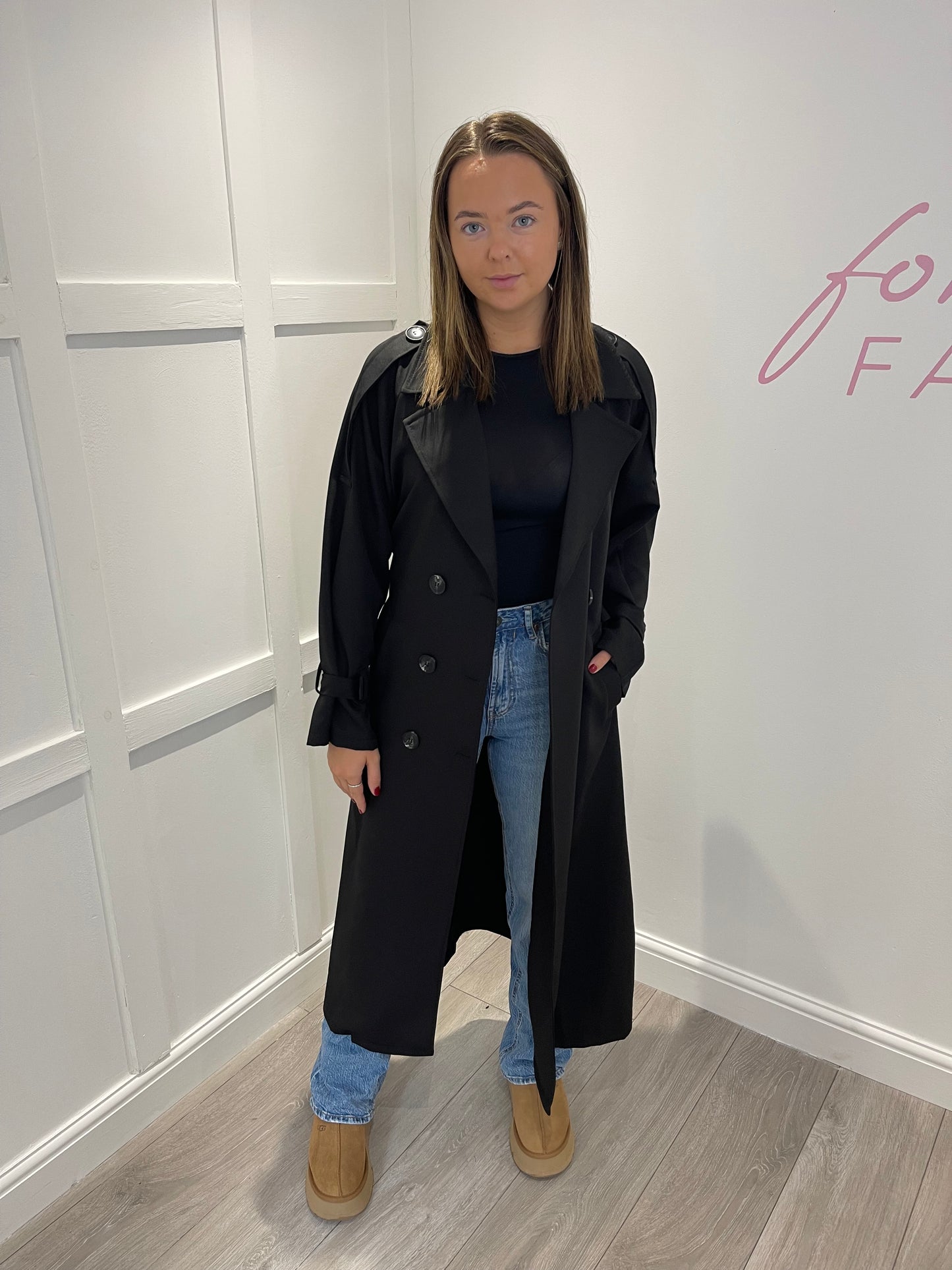 HATTIE Belted Black Trench Coat