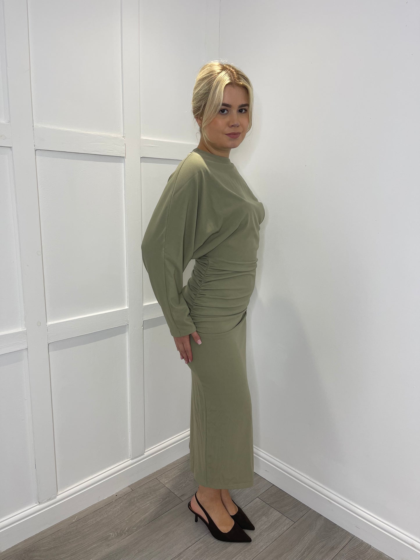 MISSY Khaki Long Sleeve Ruched Draped Midi Dress