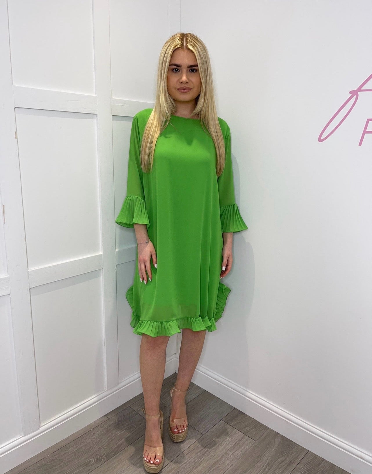 LEAH Lime Green Ruffle Shift Dress FORWARD FASHION LEAH Lime Green Ruffle Shift Dress FORWARD FASHION