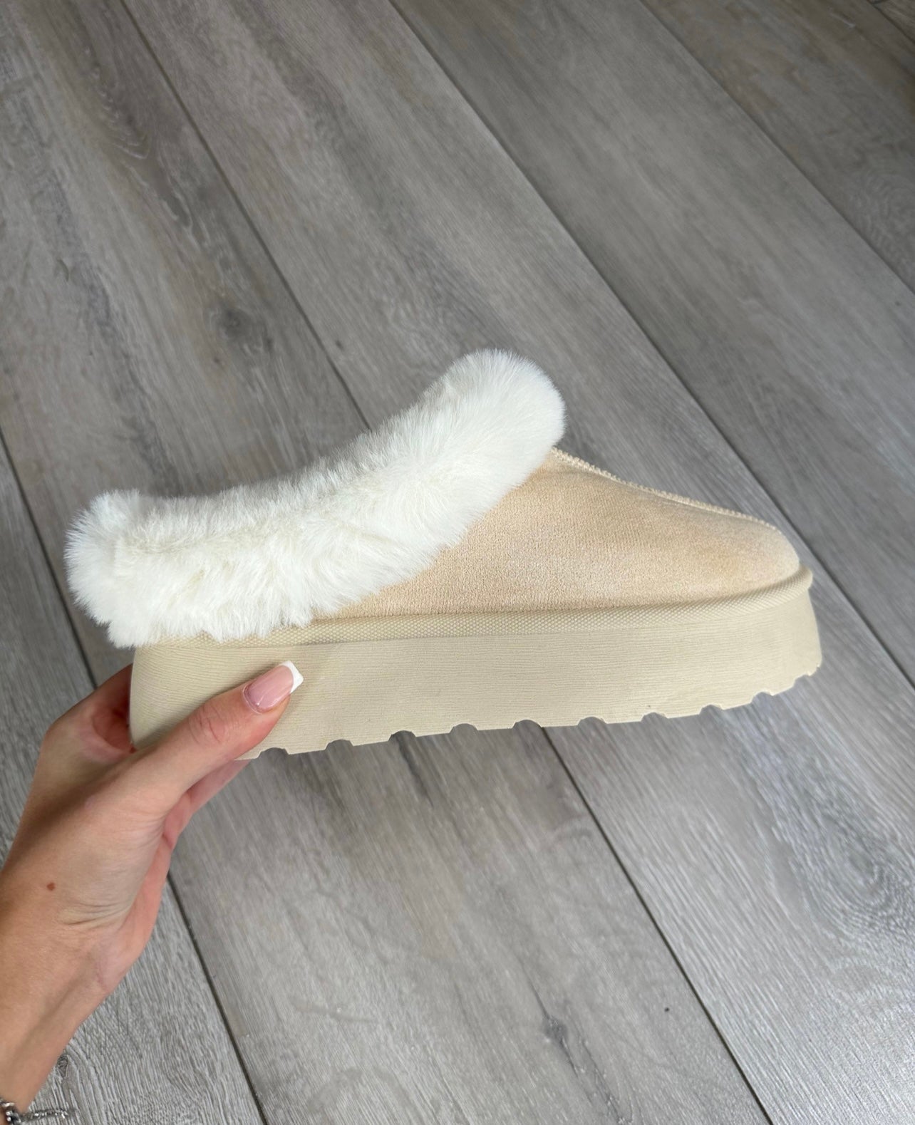 GIGI Beige Faux Fur Platform Slipper Shoes