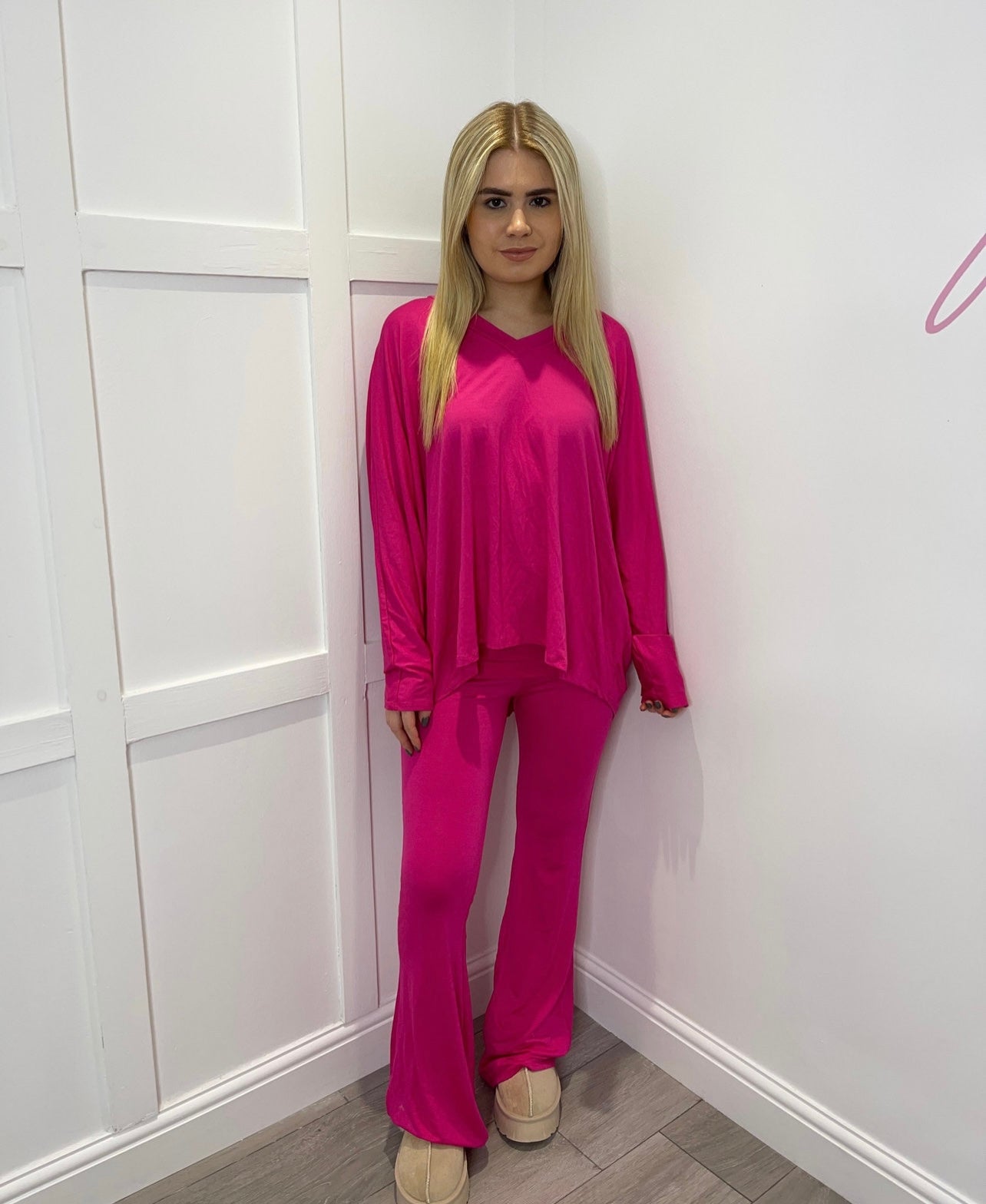 ELORA Hot Pink Jersey V Neck Lounge Set