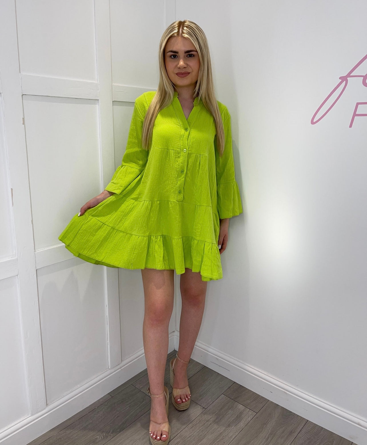 LAILA Lime Green Cheesecloth Smock Dress LAILA Lime Green Cheesecloth Smock Dress