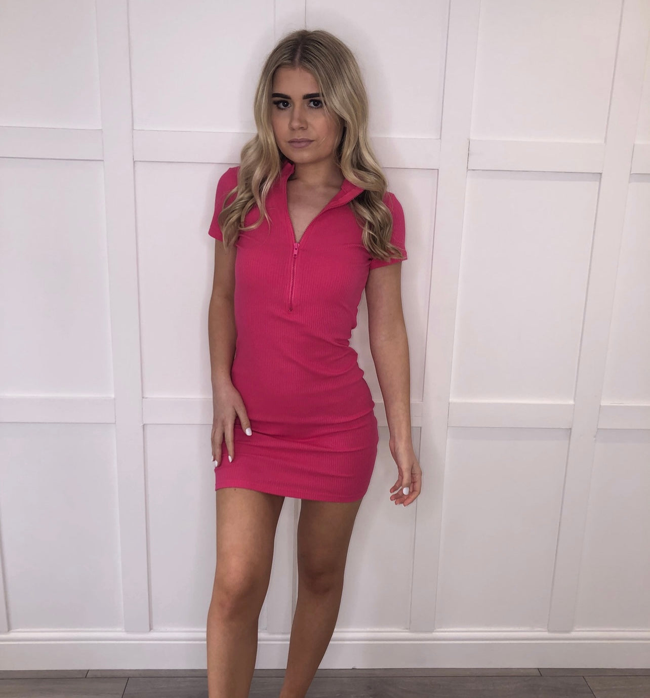 LILY Hot Pink Mini Ribbed Zip Dress