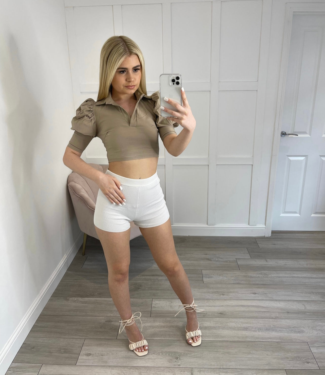 KARA Beige Puff Sleeve Crop Top