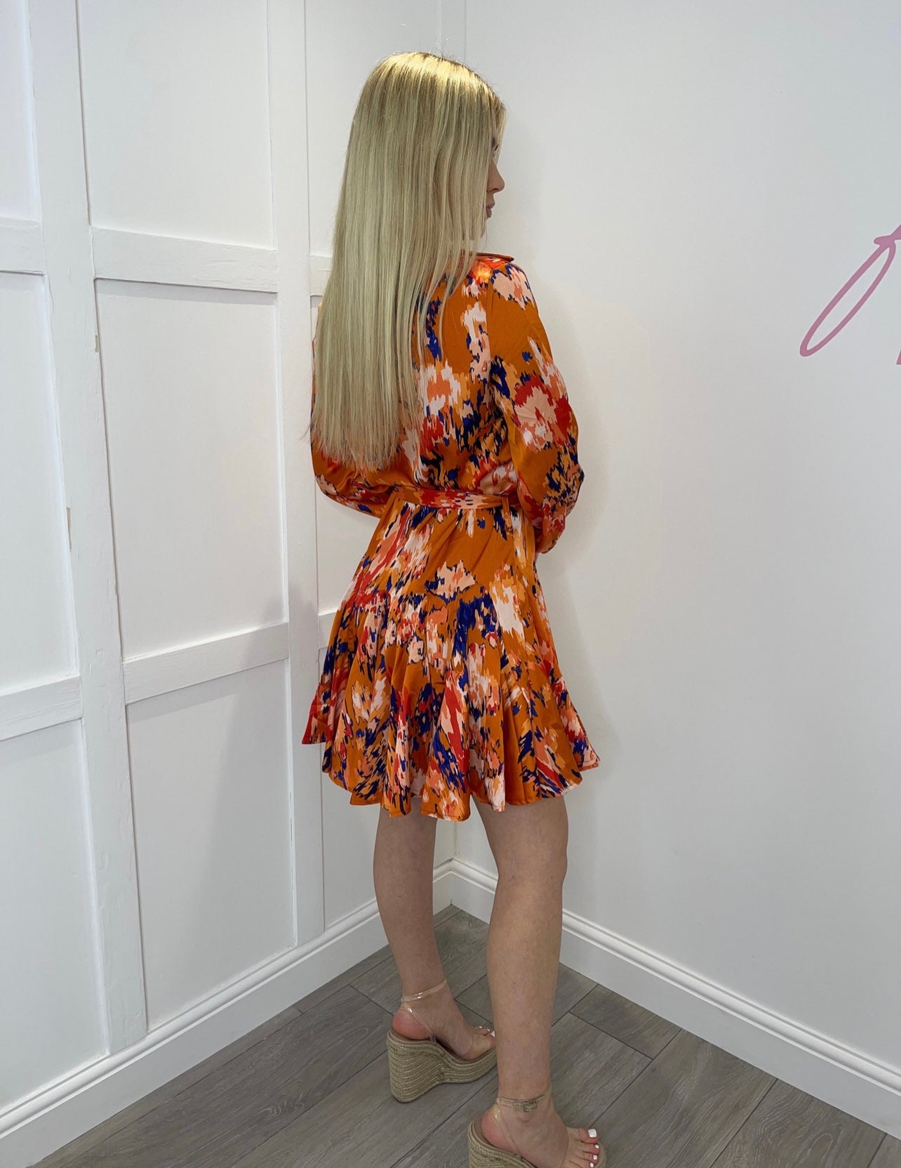 MAYA Orange Floral Satin Tie Belted Dress