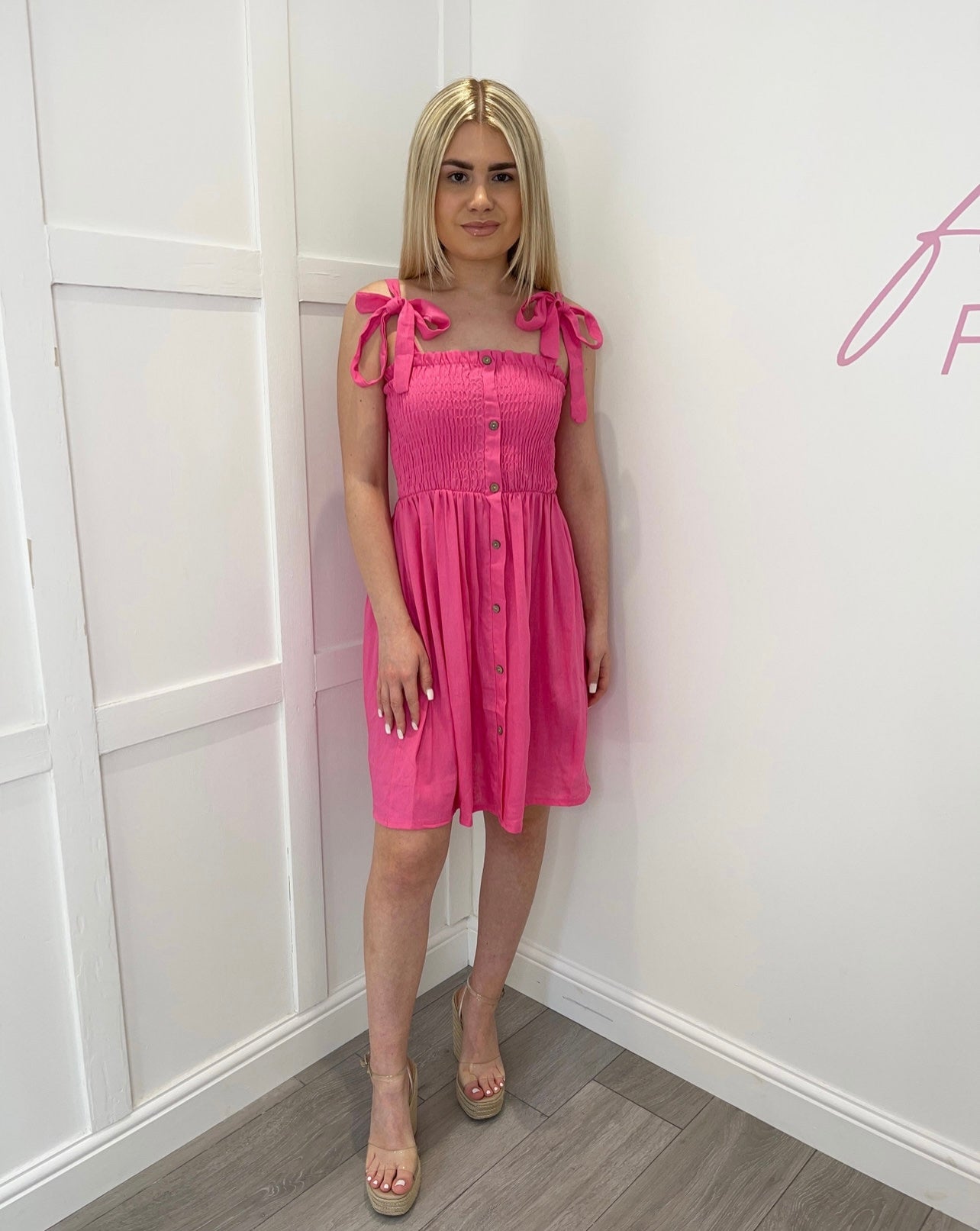 HATTIE Pink Button Bow Tie Dress