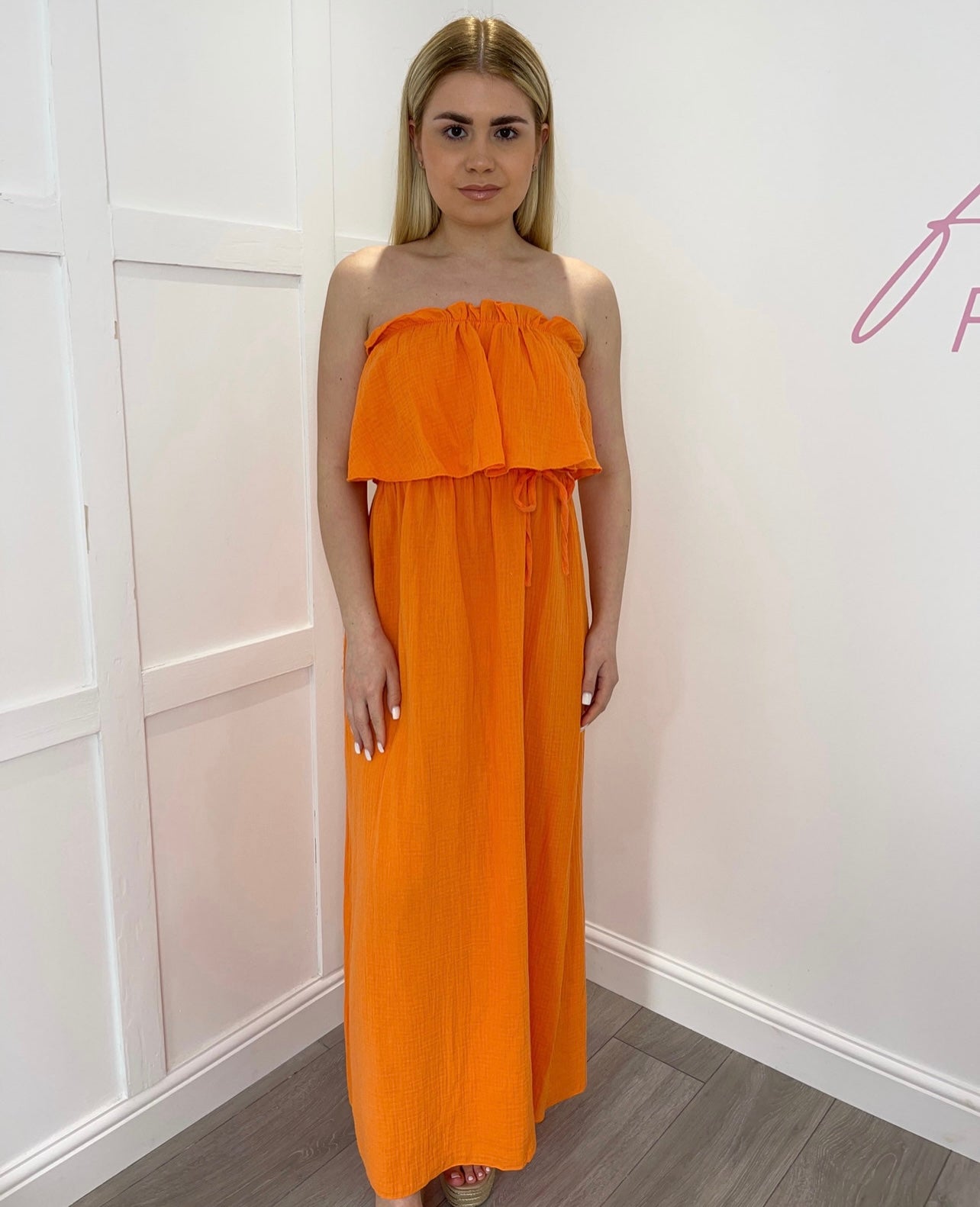 AMBER Orange Bandeau Cheesecloth Maxi Dress