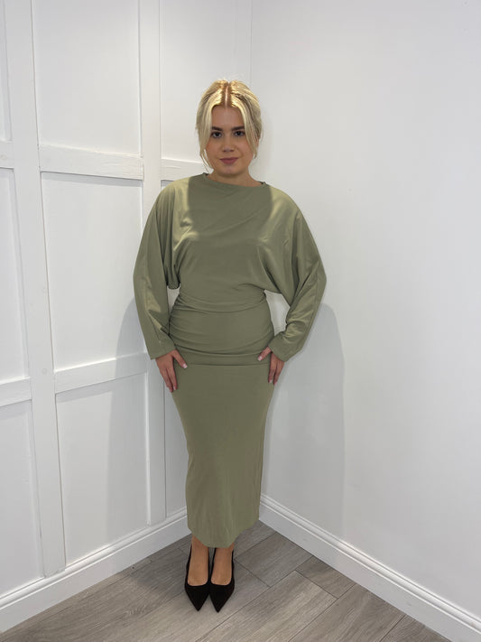 MISSY Khaki Long Sleeve Ruched Draped Midi Dress