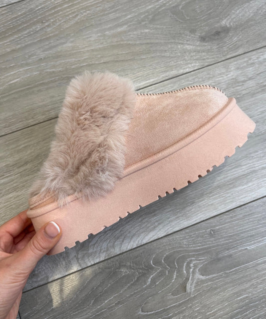 BONNIE Dusty Pink Faux Fur Platforms