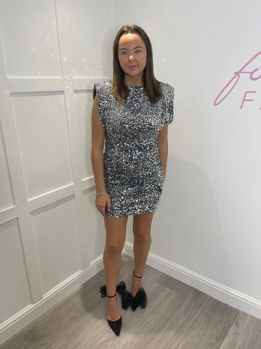MOLLY Silver Sequin Backless Mini Dress