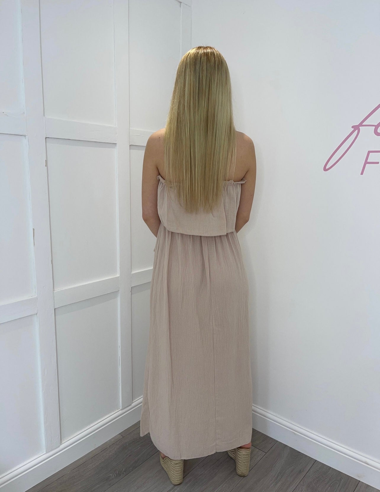 CORA Beige Bandeau Cheesecloth Maxi Dress