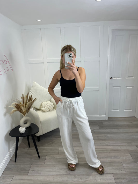 ASTRID White Drawstring Linen Trousers