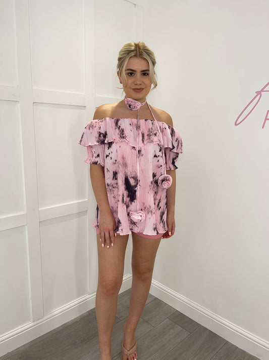 NANCY Pink Tie Dye Bardot Rosette Top