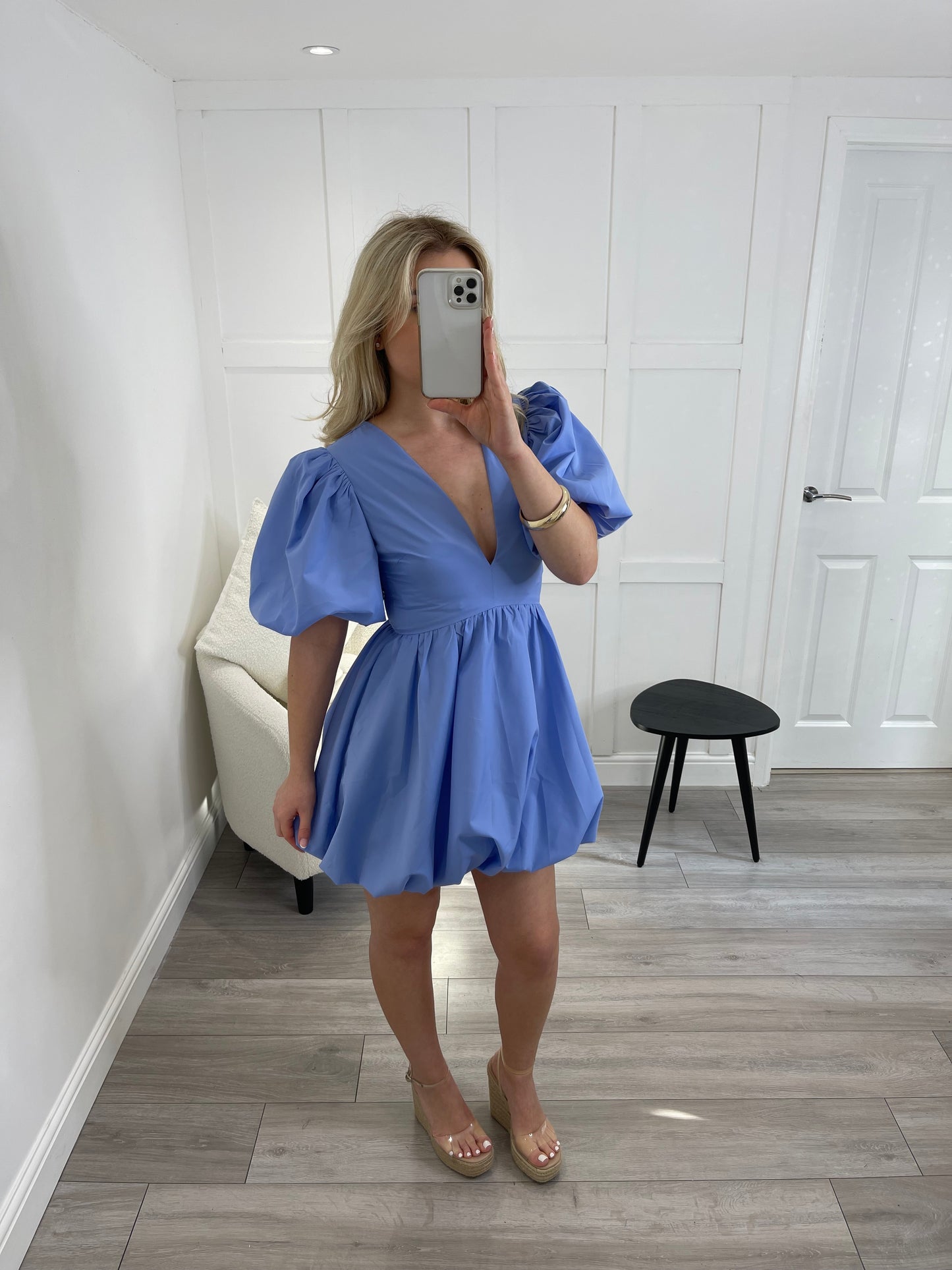 EMILY Powder Blue Puff Sleeve Mini Dress