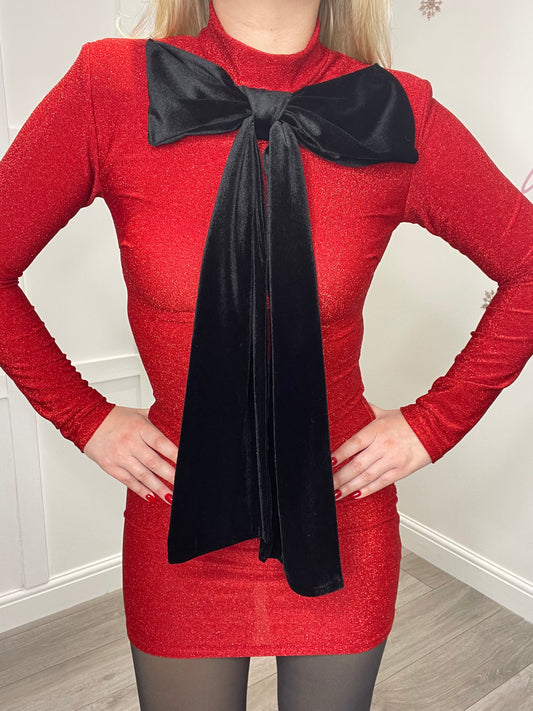 KATY Red Sparkle Oversized Bow Mini Dress