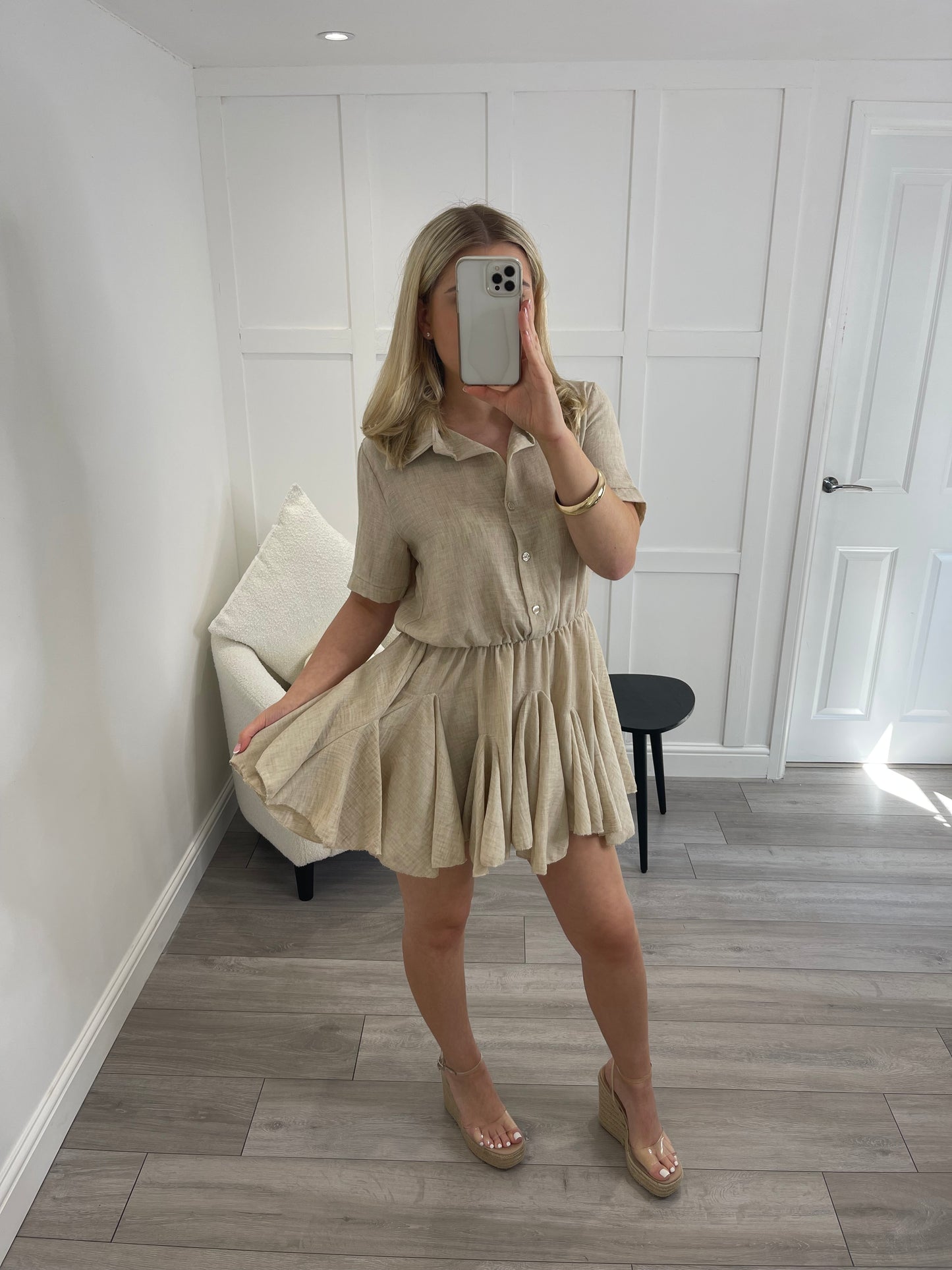 KAYLA Beige Linen Look Flare Dress