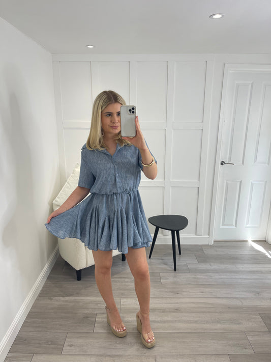 FLORENCE Denim Blue Linen Look Flare Dress