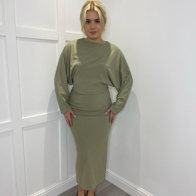 MISSY Khaki Long Sleeve Ruched Draped Midi Dress