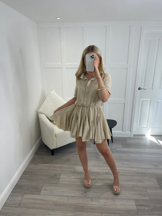 KAYLA Beige Linen Look Flare Dress